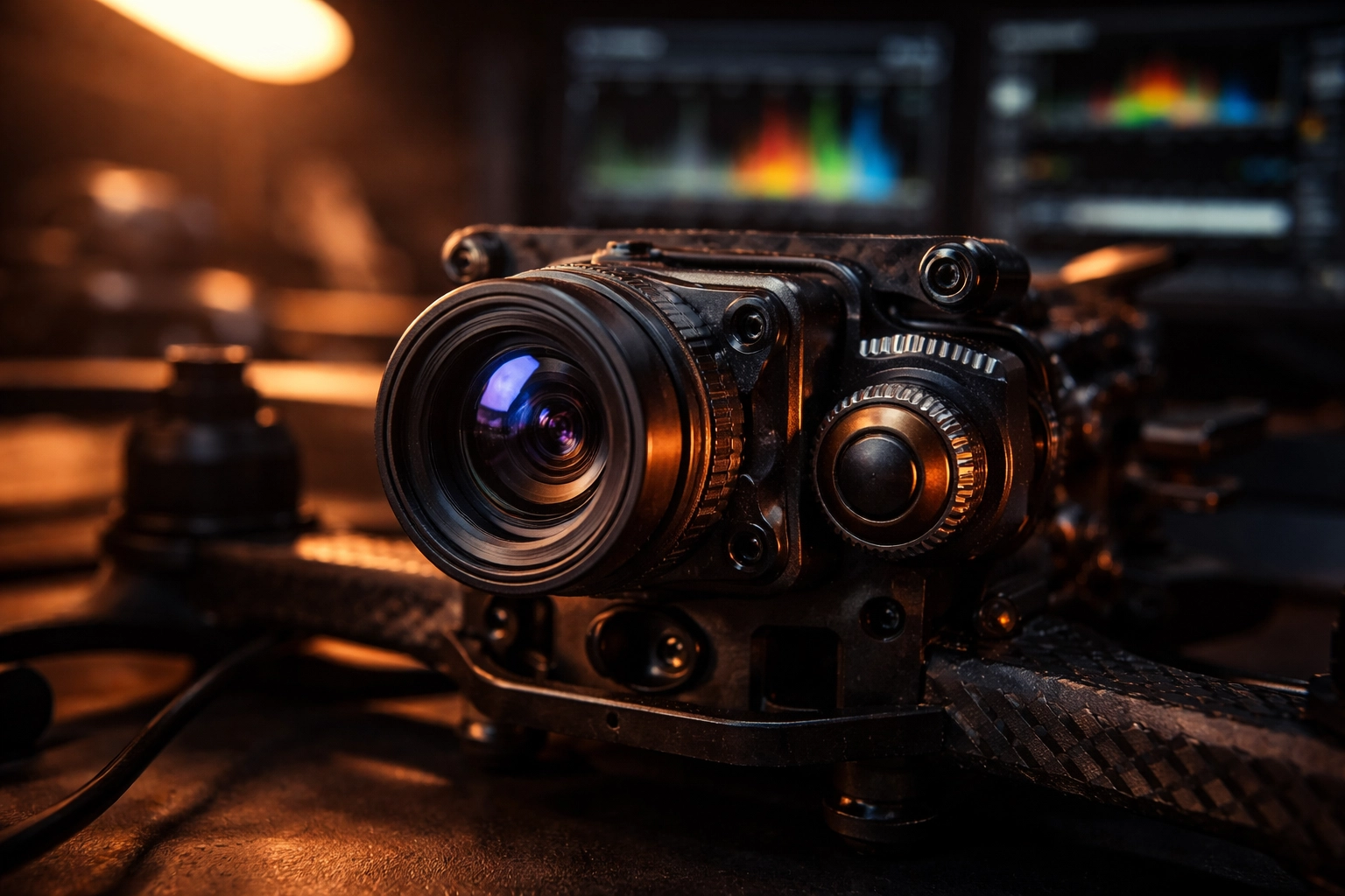 Close-up of an FPV drone camera in a dim workshop, illustrating camera setup and precise low-light adjustments.
