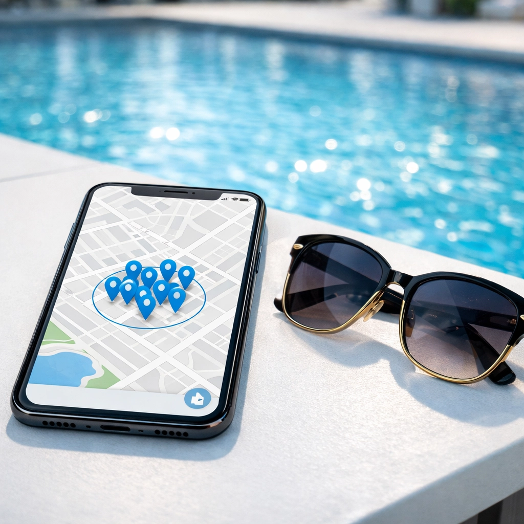 Smartphone showing a dense pool route map with clustered service stops near a swimming pool.