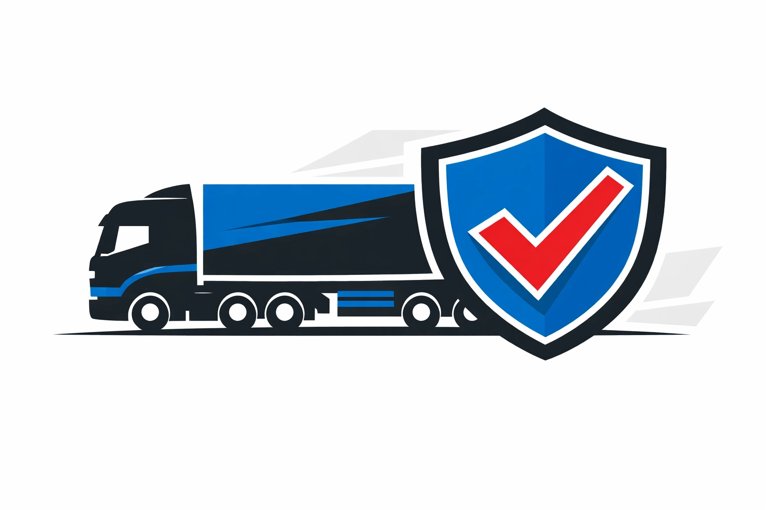 Transport truck with a shield and checkmark representing O-Licence compliance and transport manager training.