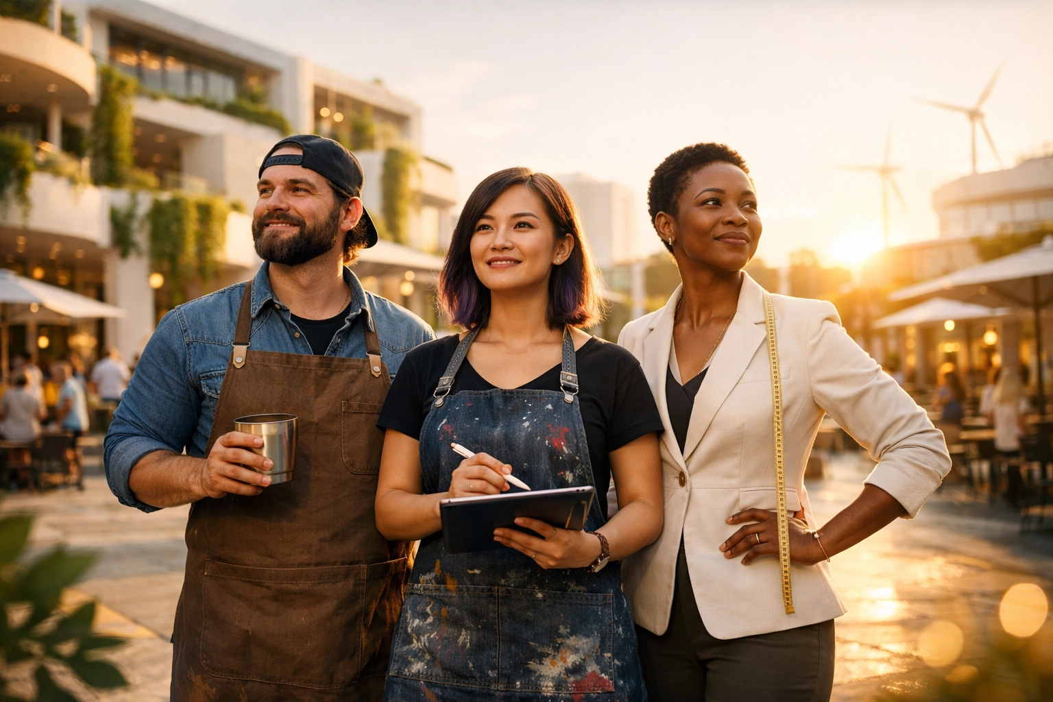Diverse business owners standing in a modern city plaza representing the growing Larecoin merchant community.