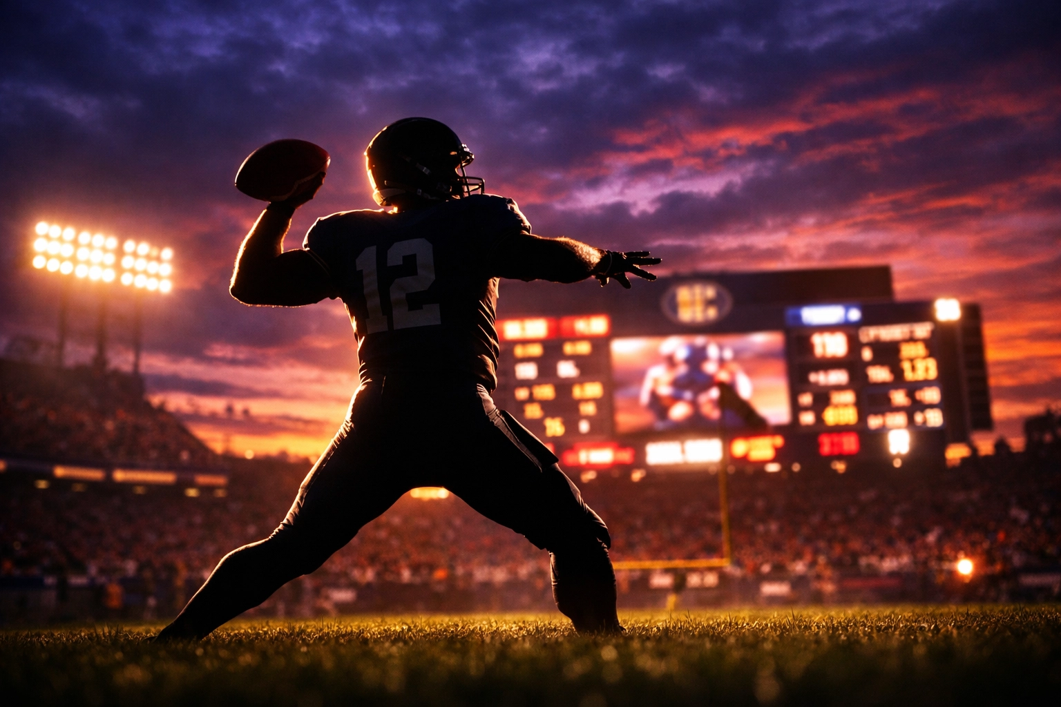 Quarterback throwing football under stadium lights representing SEC championship caliber play