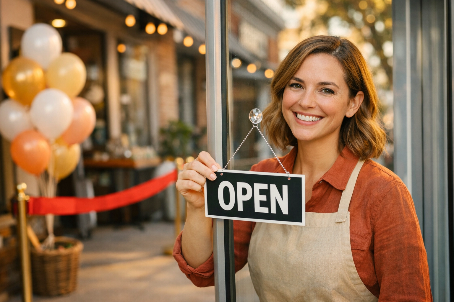 Smiling business owner flipping an Open sign during a grand opening