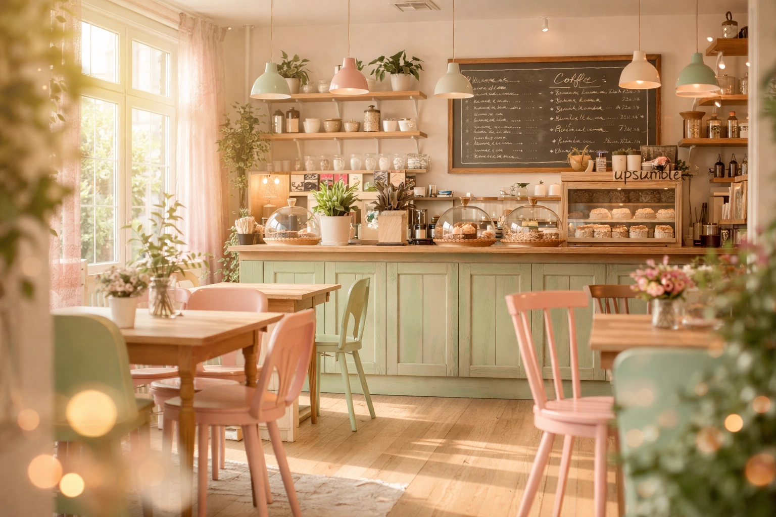Interior of Little Dreams Cafe in Felixstowe with pastel decor and freshly baked cakes on display