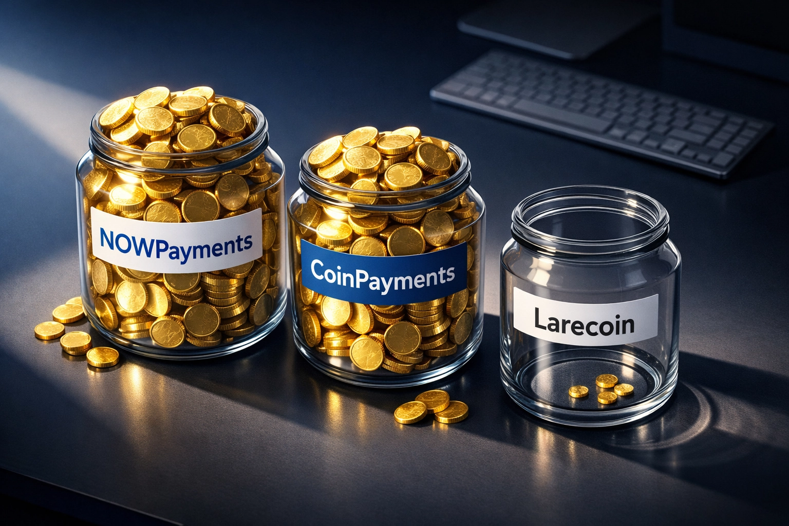 Crypto payment fee comparison showing NOWPayments and CoinPayments high fees vs Larecoin minimal costs