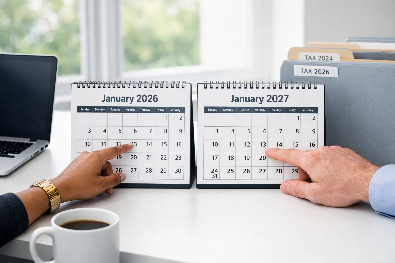 Tax year calendar showing 2026 and 2027 1099 filing deadlines on office desk