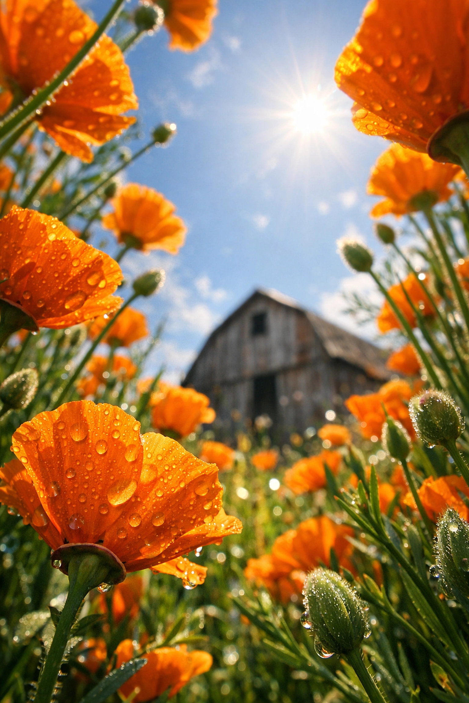 Low-angle landscape composition of orange poppies in a field looking up toward a rustic barn.