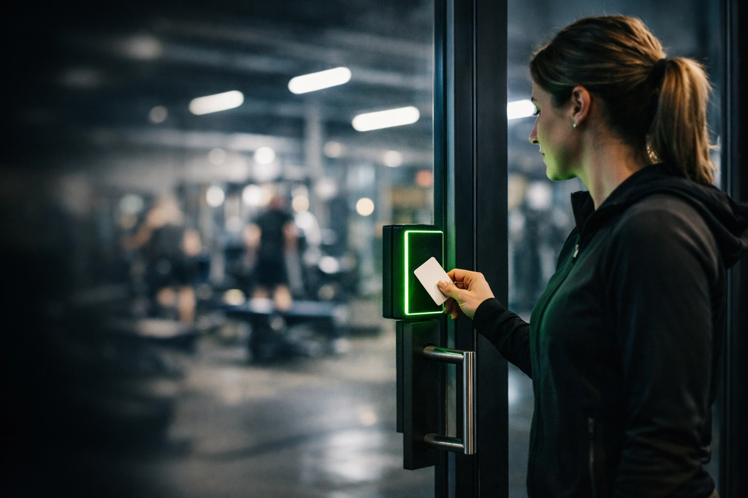 Secure 24/7 access control reader at a modern Lincoln Nebraska business entrance, reducing technology overhead.
