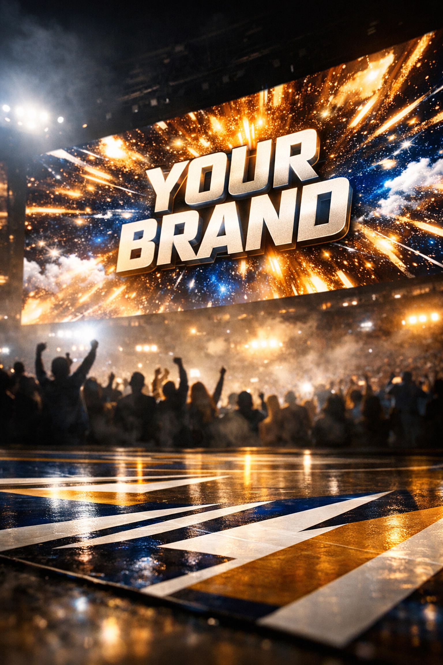 Fans celebrating at live sporting event with massive LED brand displays and floor graphics