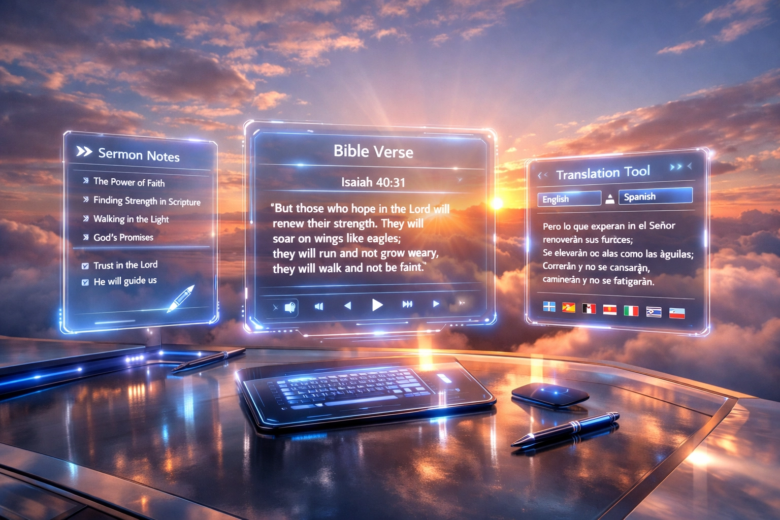 Digital ministry workspace with sermon notes and Bible translation tools at sunrise
