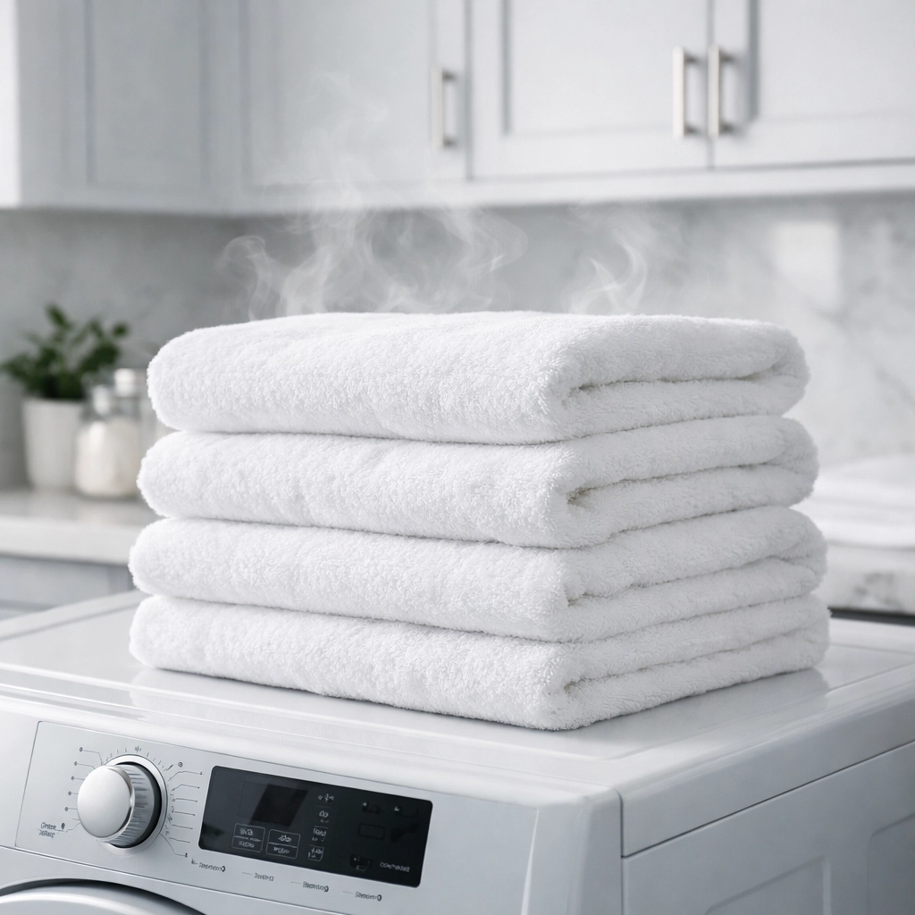 Stack of towels on a modern dryer showing signs of excessive heat due to poor dryer vent airflow.