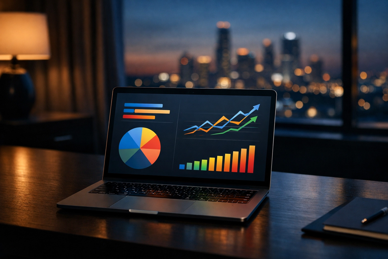 Laptop displaying hotel revenue management analytics and data visualizations in a luxury suite.