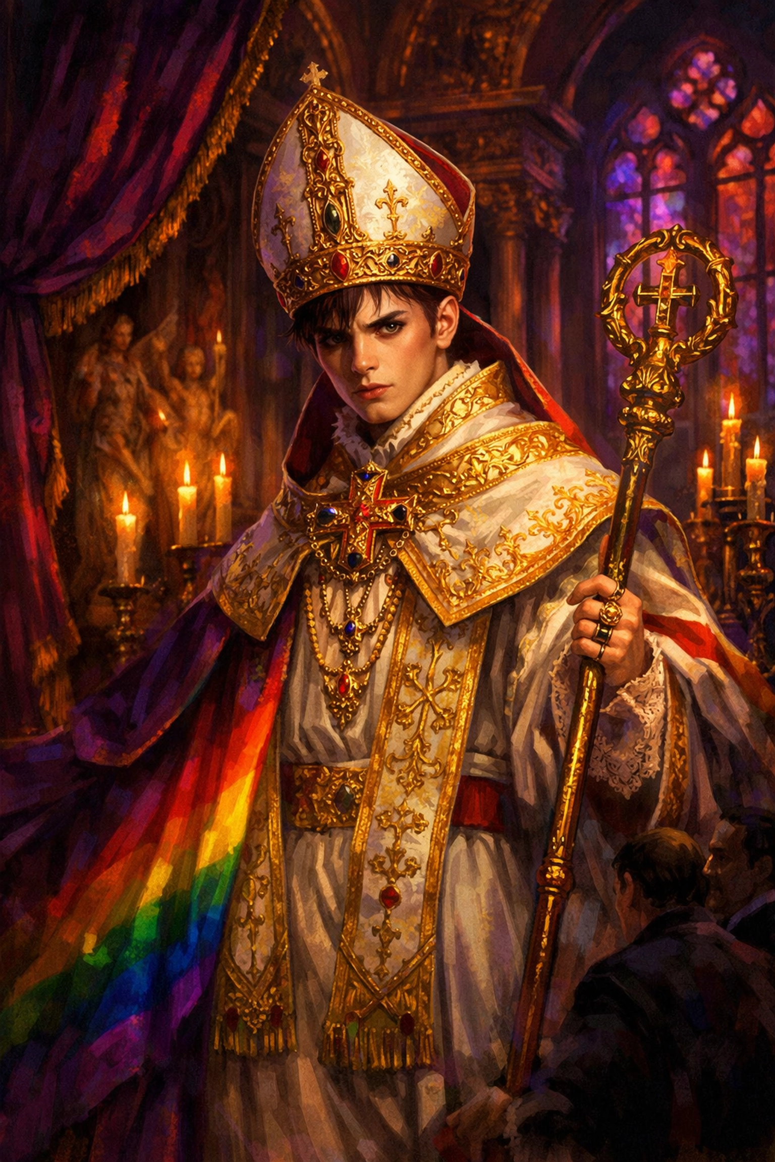 Young Pope Benedict IX in ornate papal robes inside Vatican chamber, youngest pope in history