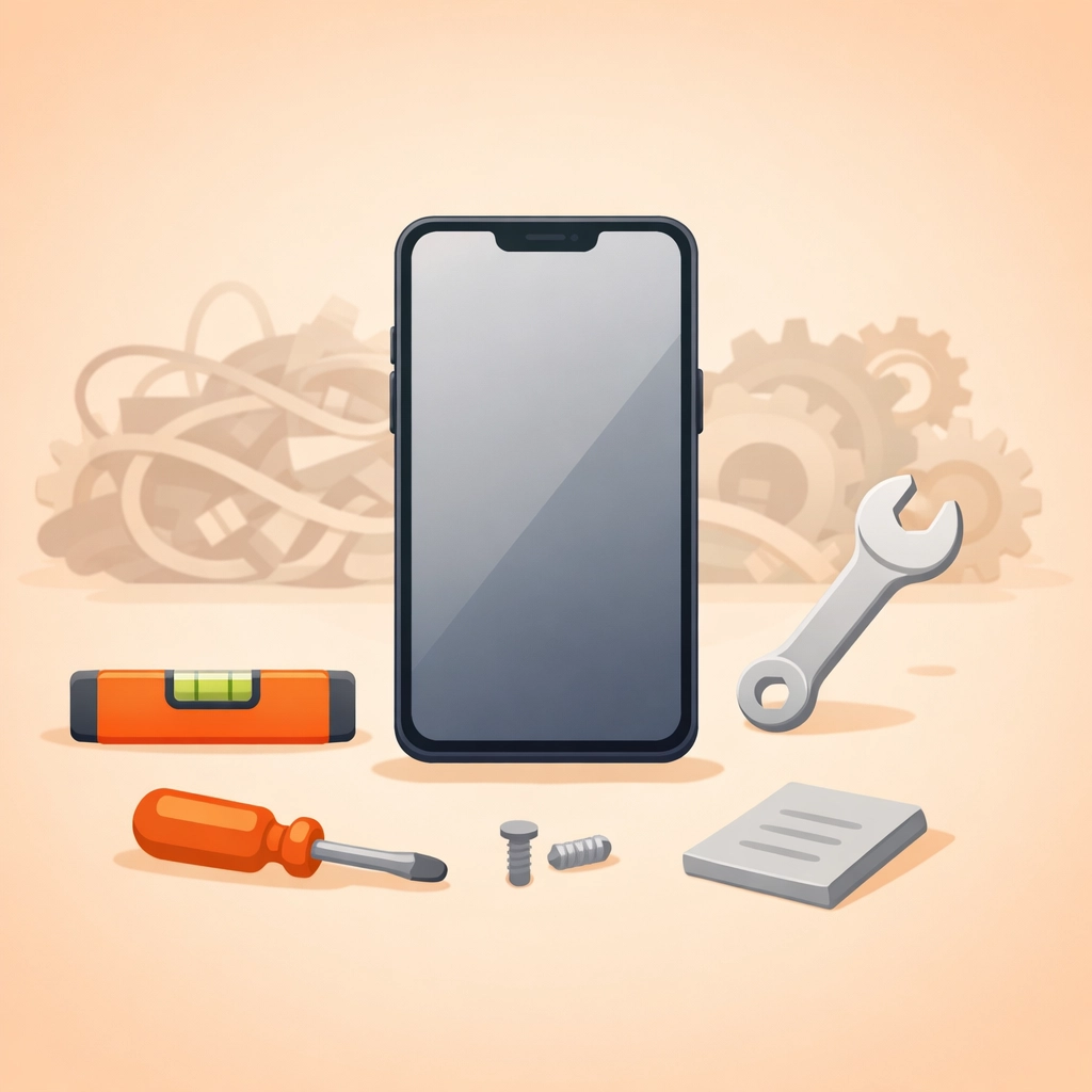 A streamlined contractor photo app on a phone next to tools, replacing complex, bloated software.