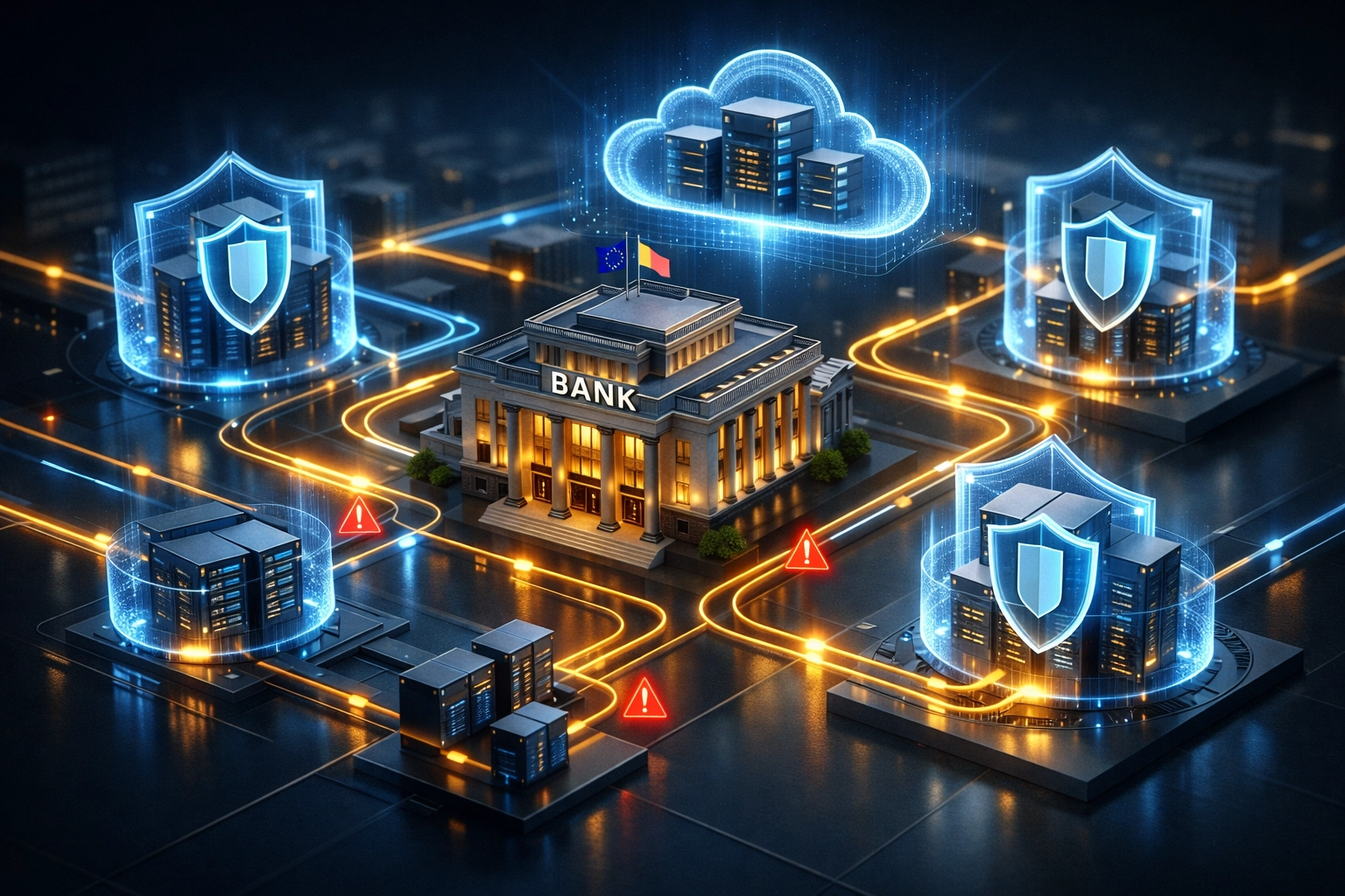 EU bank ICT infrastructure network showing DORA compliance monitoring and risk management systems