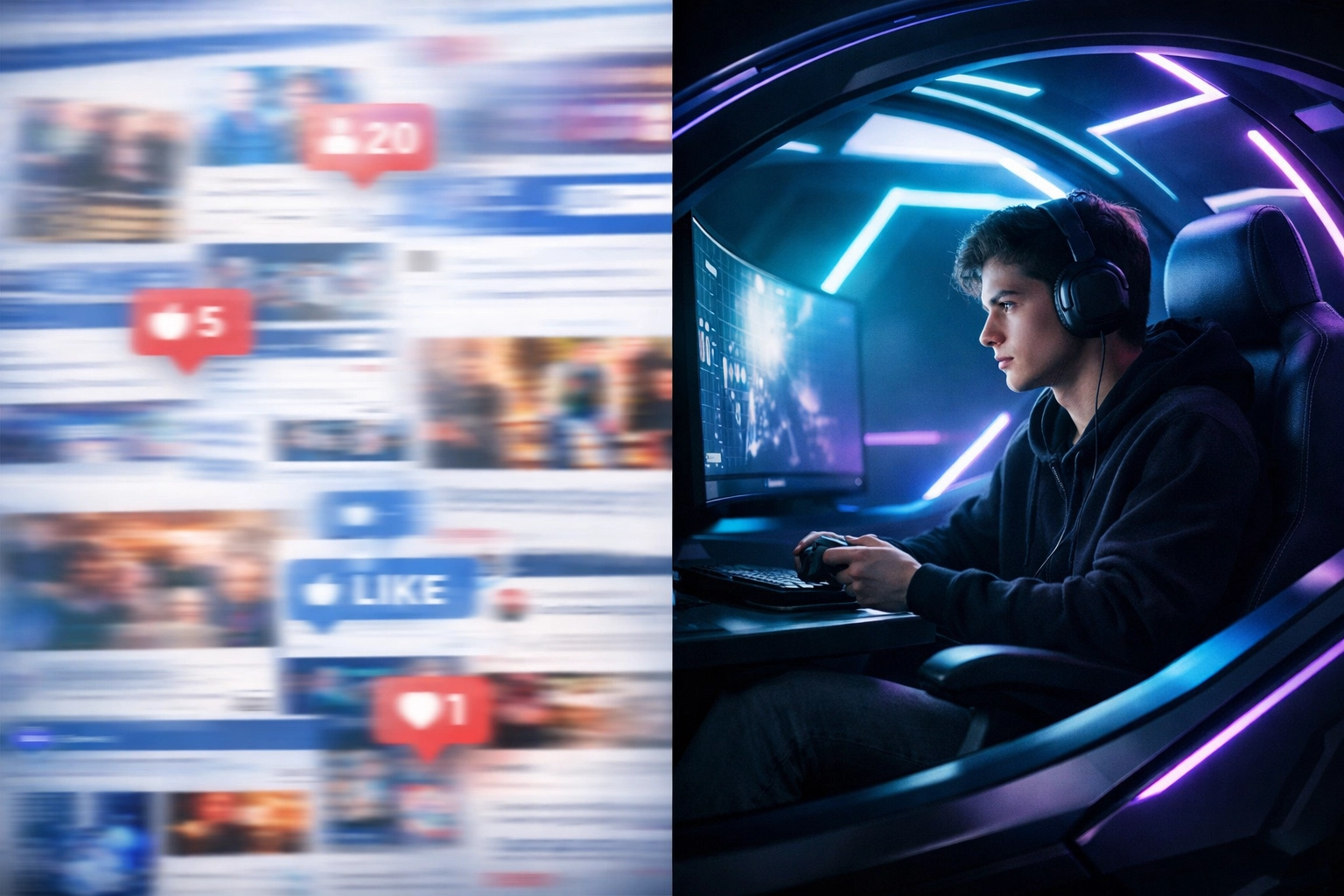 Split view: social media chaos versus focused Gen Z student engaged in cloud-powered gaming pod