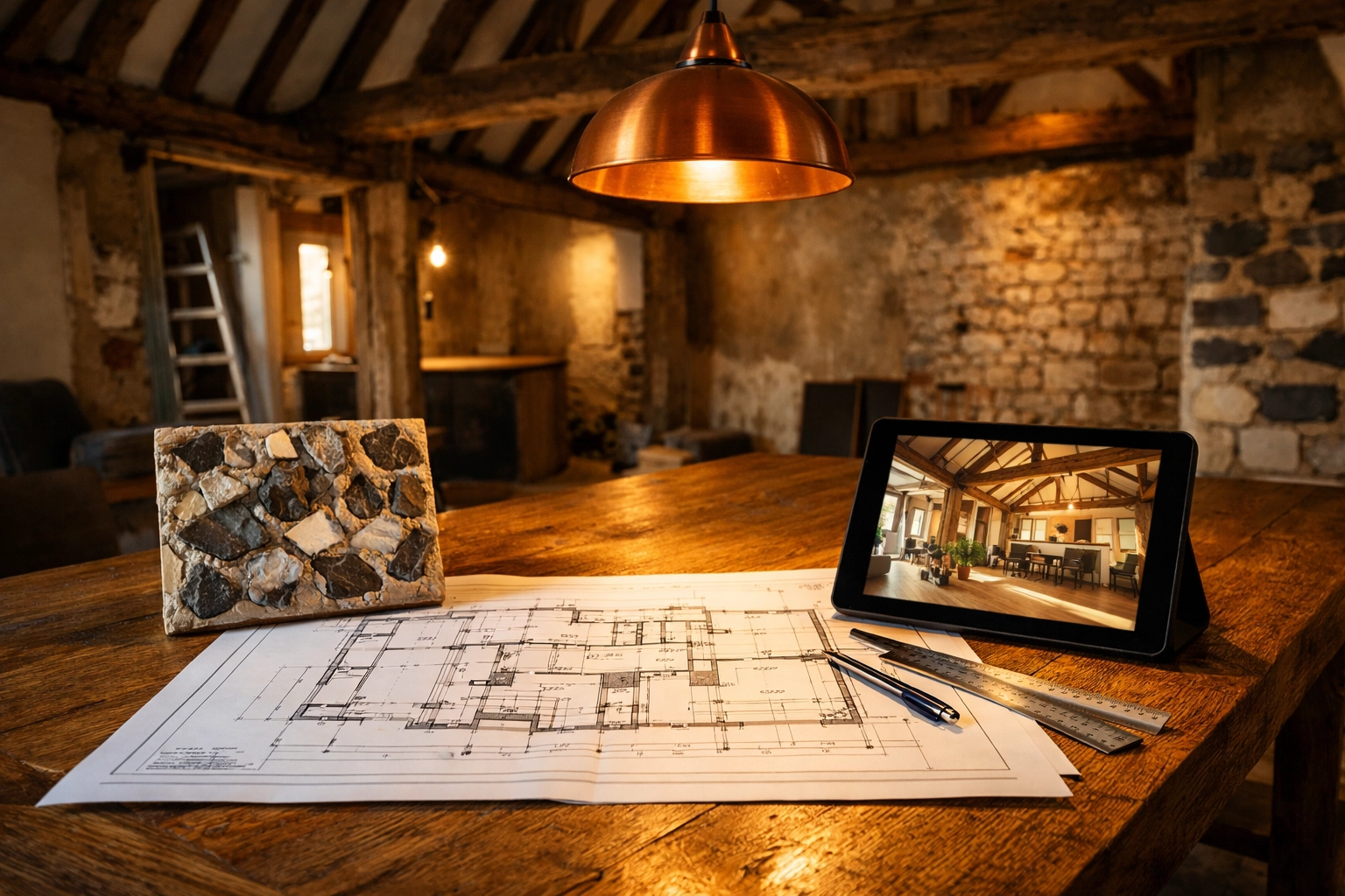 Professional renovation planning with blueprints and traditional flint samples for a Chichester home project.