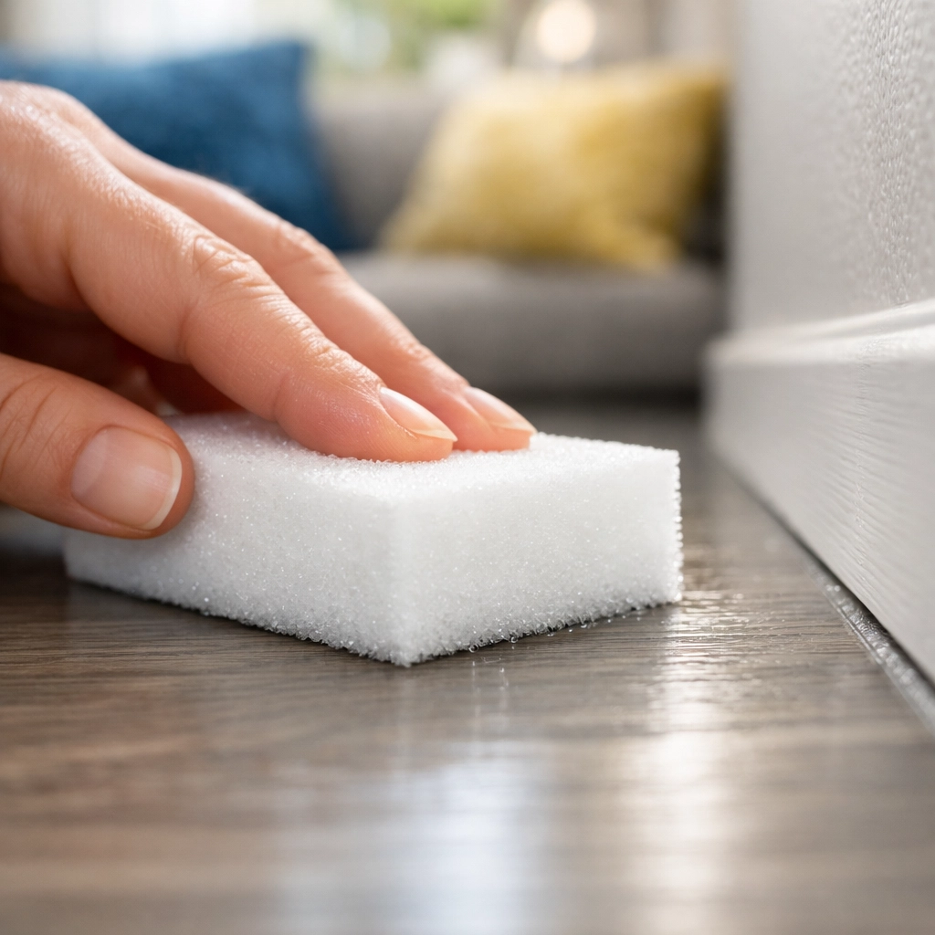 Using a white melamine sponge to gently remove floor scuff marks from a modern hardwood surface.