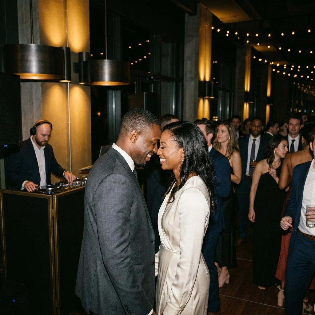 Stylish couple embracing during wedding reception, DJ in background, reflecting peace of mind from professional entertainment