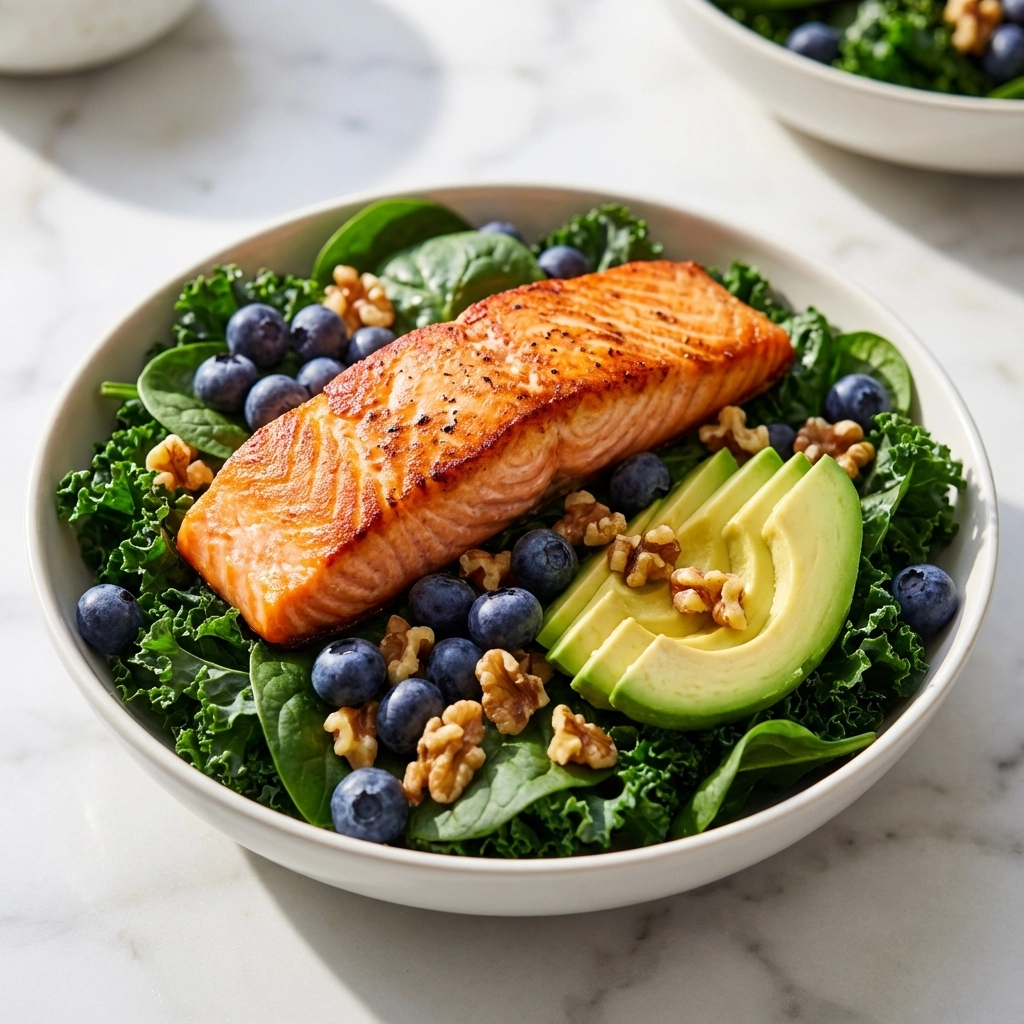 Grilled salmon on a bed of kale and spinach with blueberries, avocado, and walnuts in a white bowl on a marble surface, vibrant and fresh.