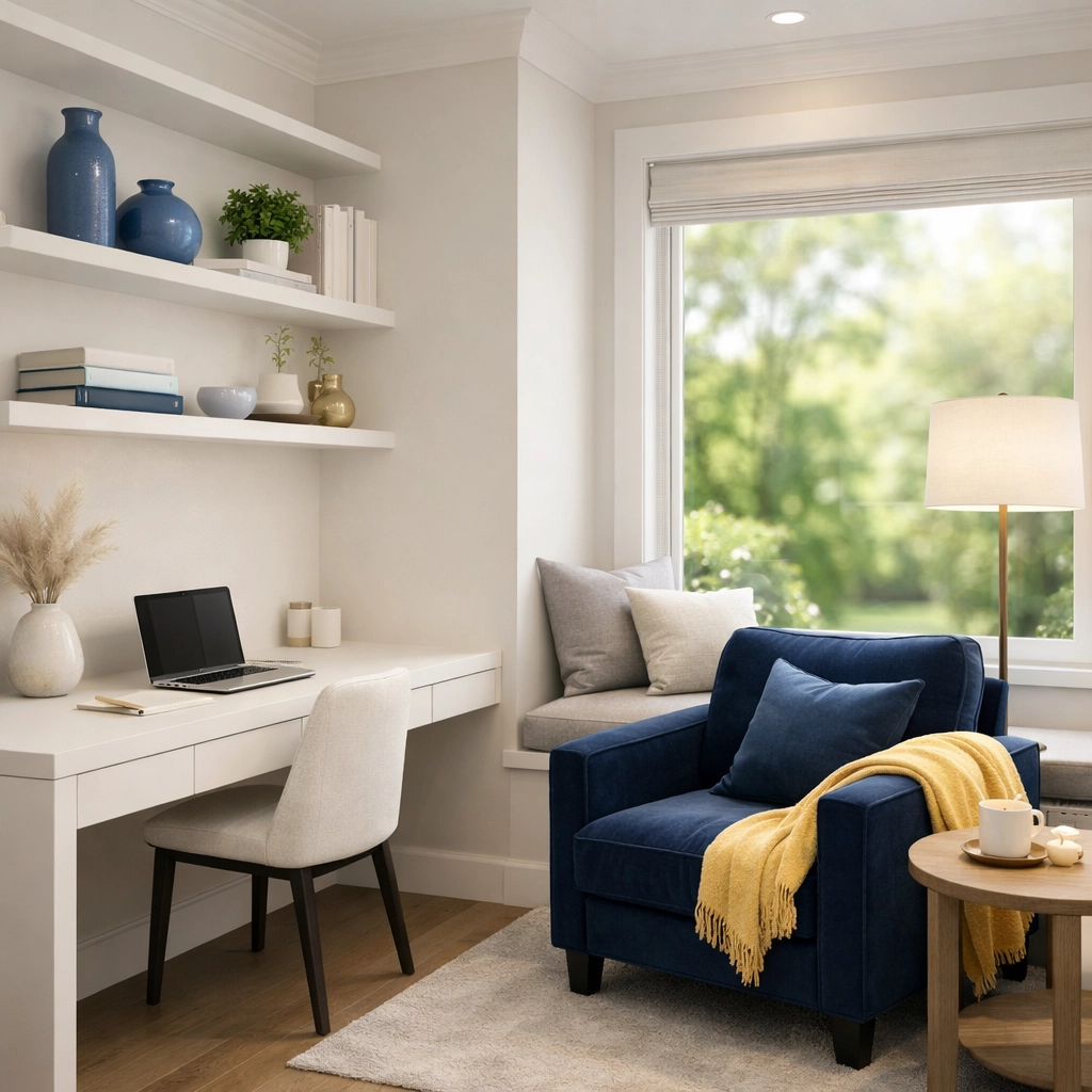 A clean and organized home office nook providing a serene and healthy living environment.