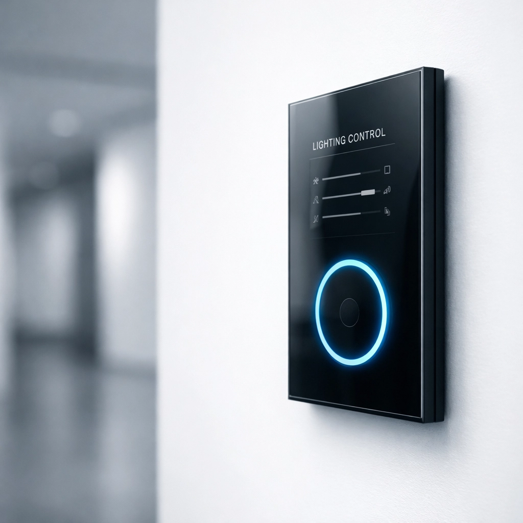 Sleek wall-mounted digital LED control panel for managing precise lighting dimming protocols.