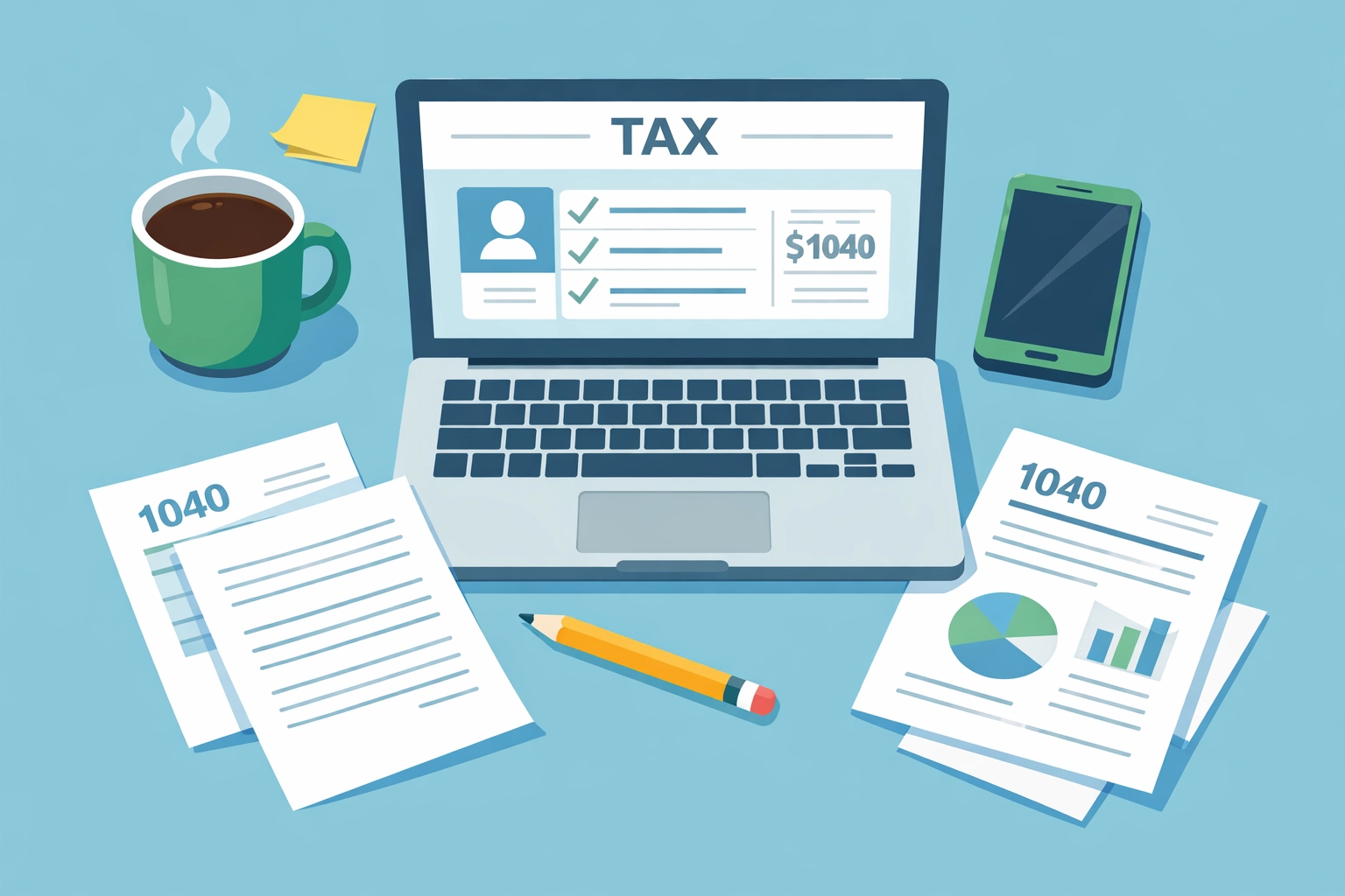 IRS Free File guided tax software on laptop with organized tax documents and forms