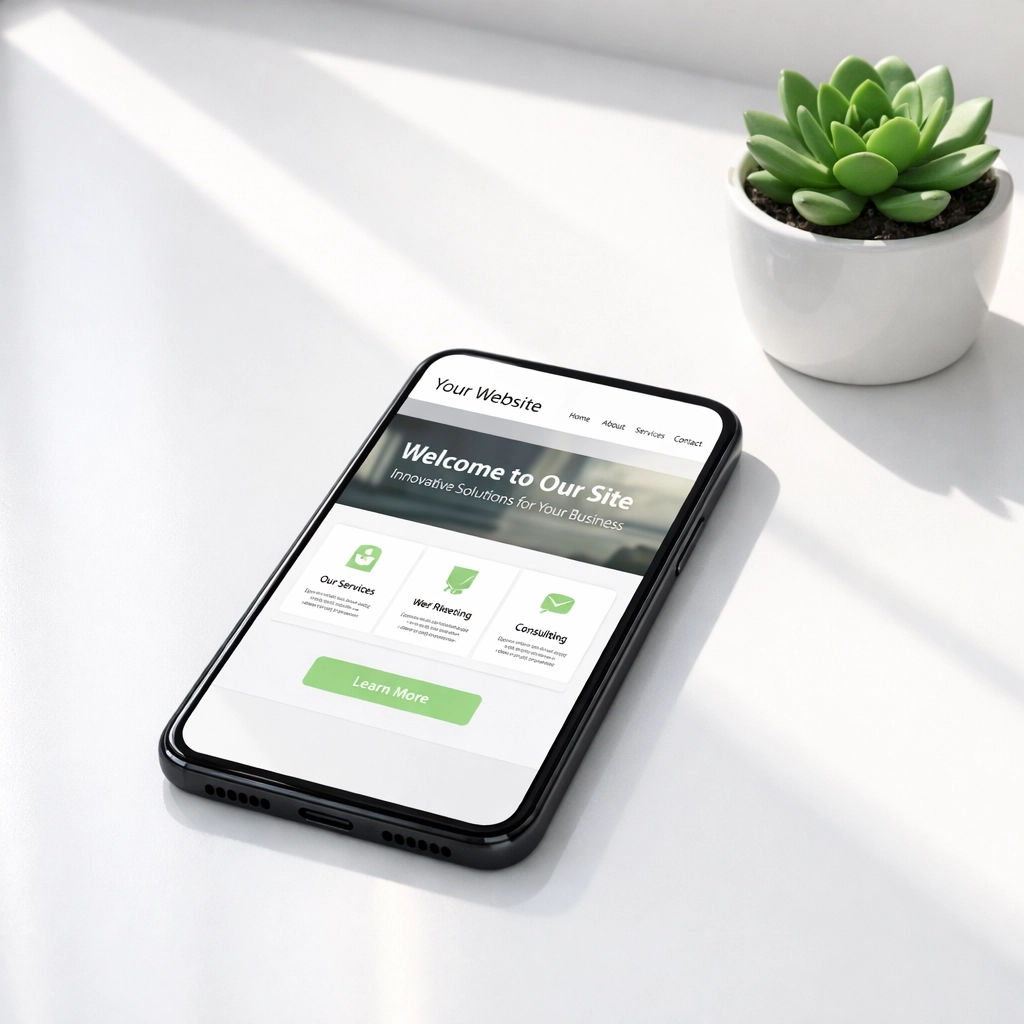 Modern mobile-responsive small business website design displayed on a smartphone screen.