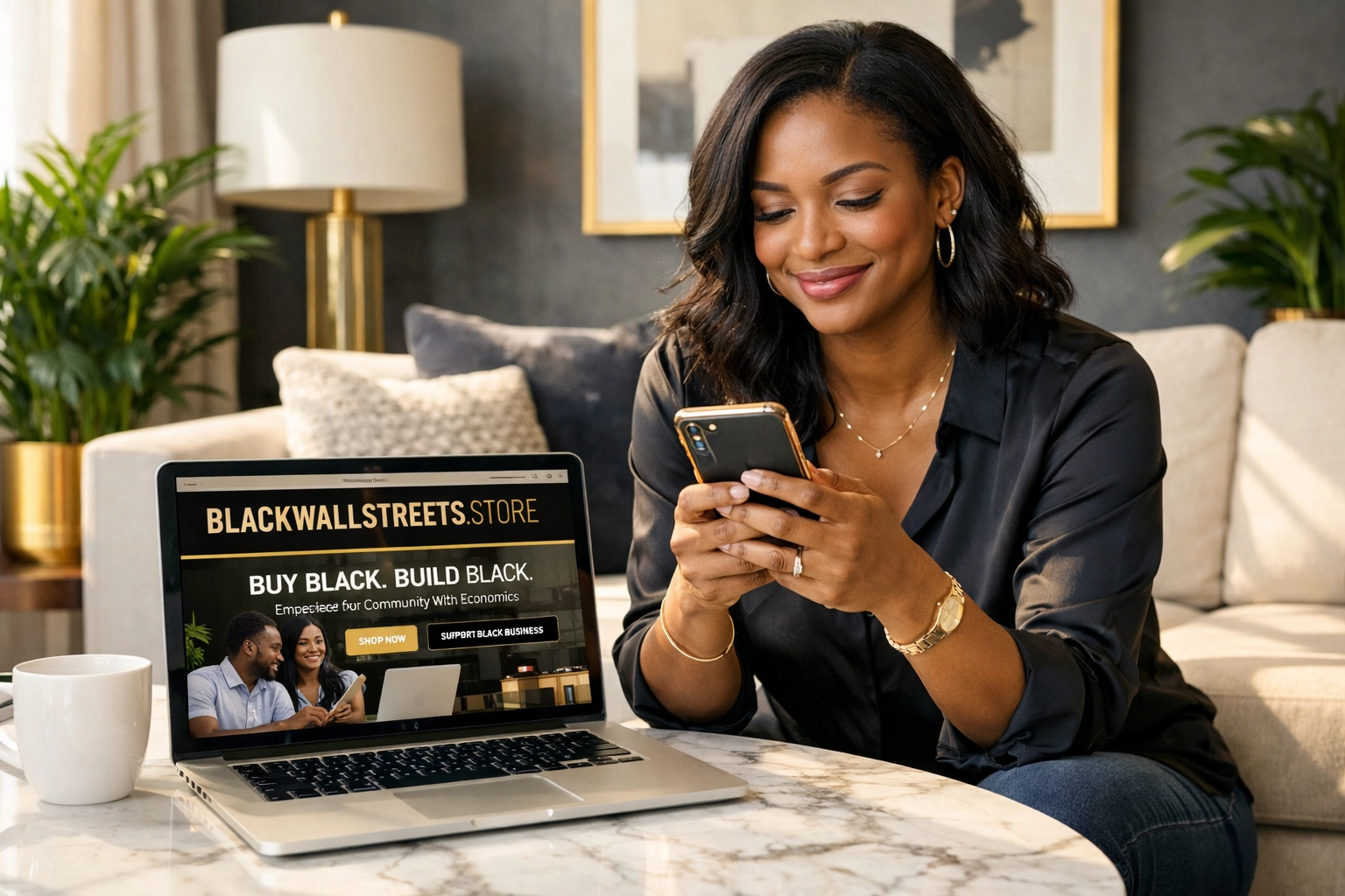 An empowered woman shopping on blackwallstreets.store to support Black-owned businesses and Buyblack.