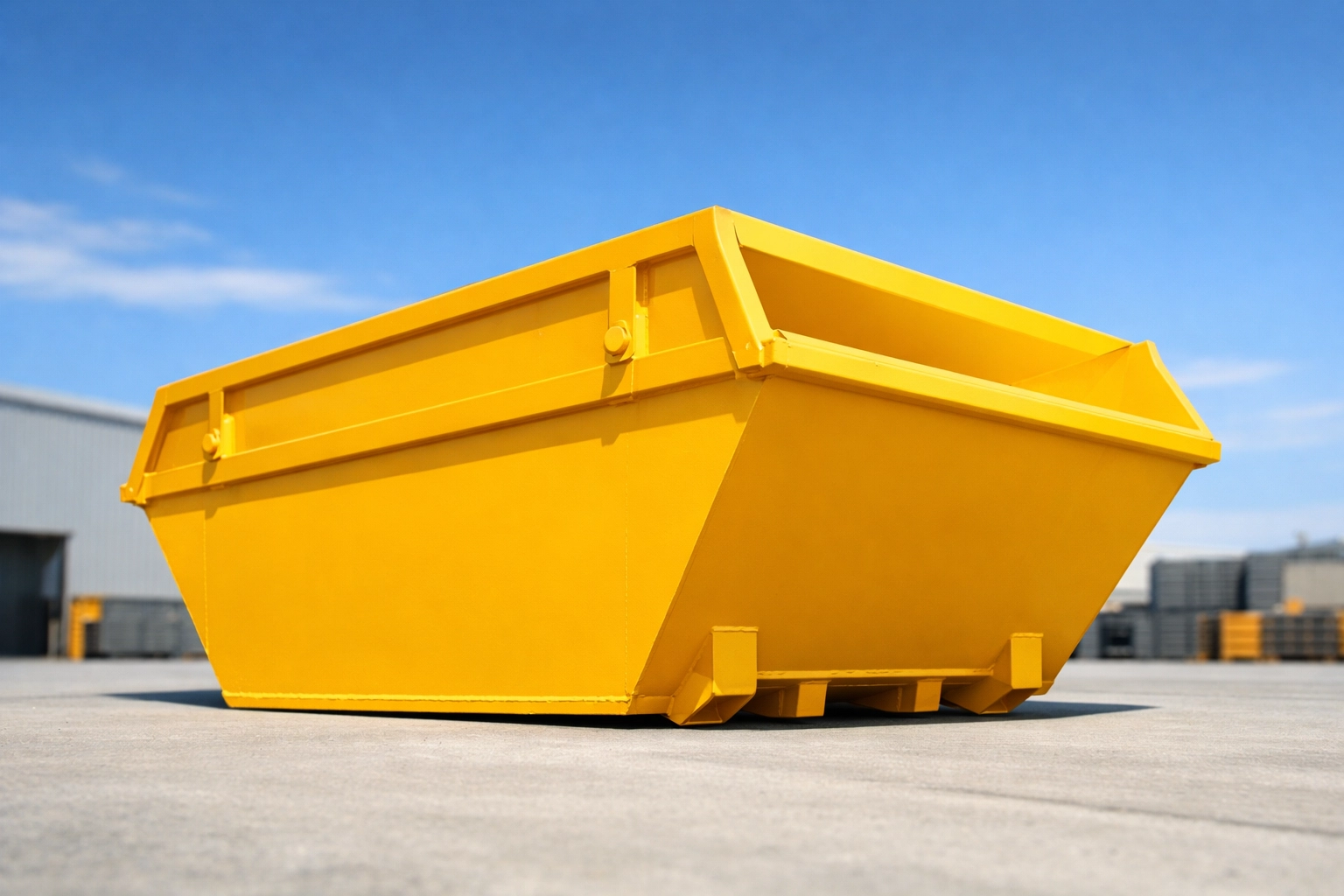 A large yellow 8 tonne builders skip placed on concrete for a Huyton renovation project.