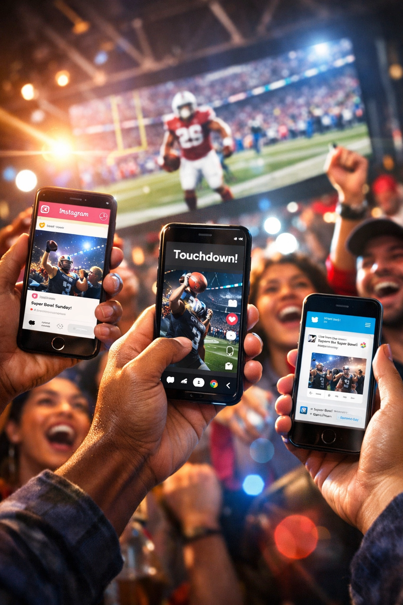Super Bowl fans using smartphones for social media engagement at watch party with multiple platforms
