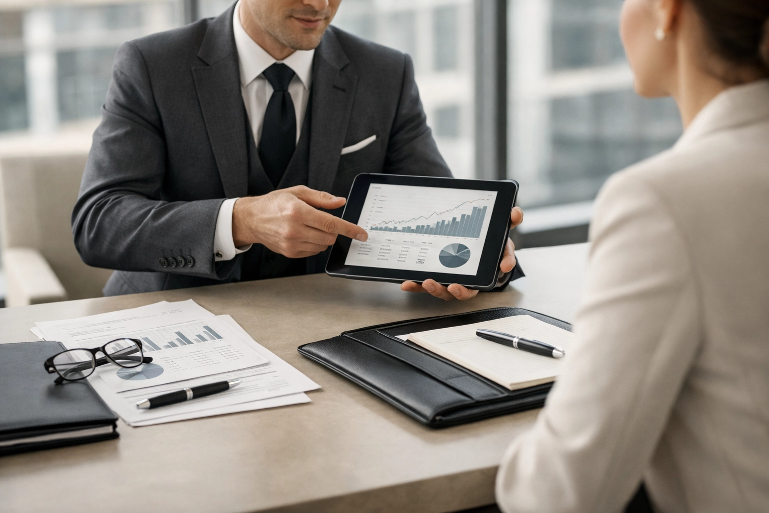 Professional tax consultation meeting between advisor and business owner discussing tax strategy