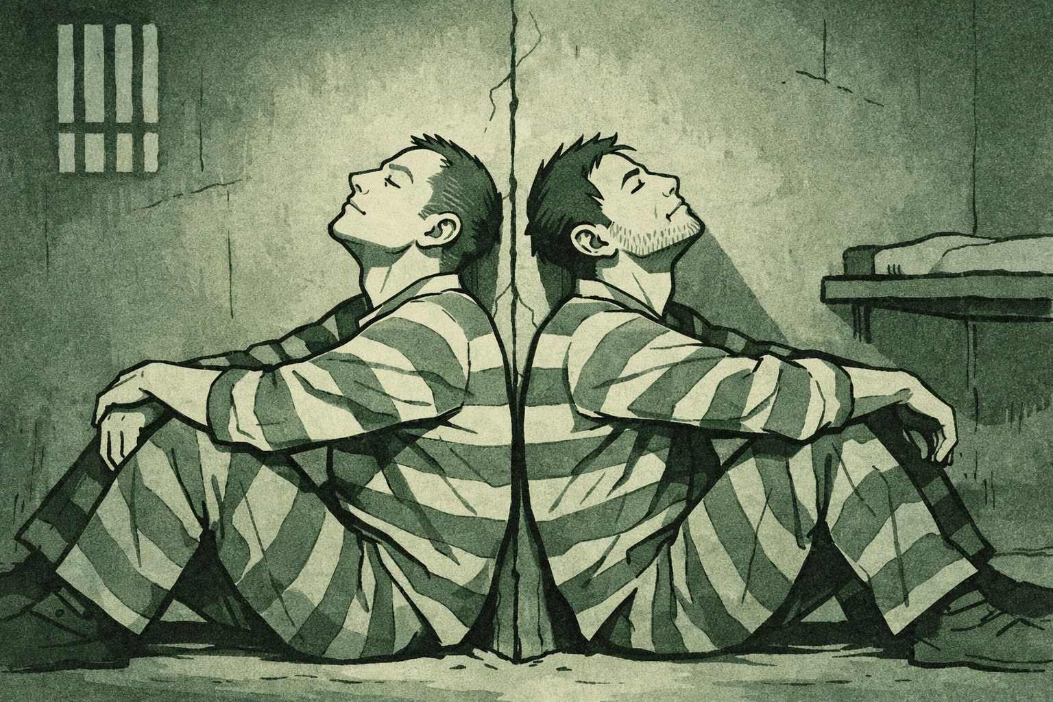 Two men in prison uniforms back-to-back listening through concrete wall showing intimate connection