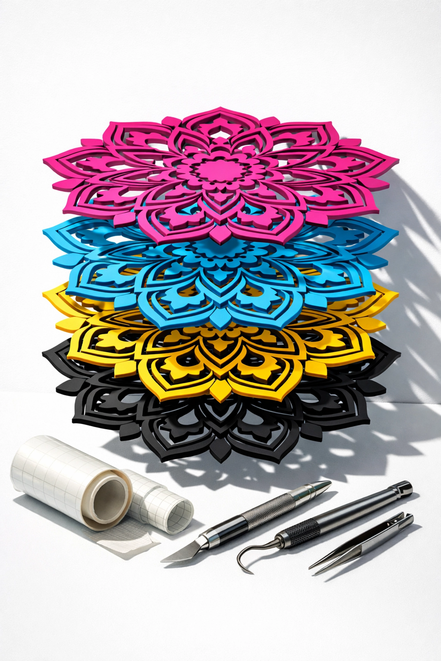 Multi-layer vinyl SVG design showing separated color layers with weeding tools for cut files