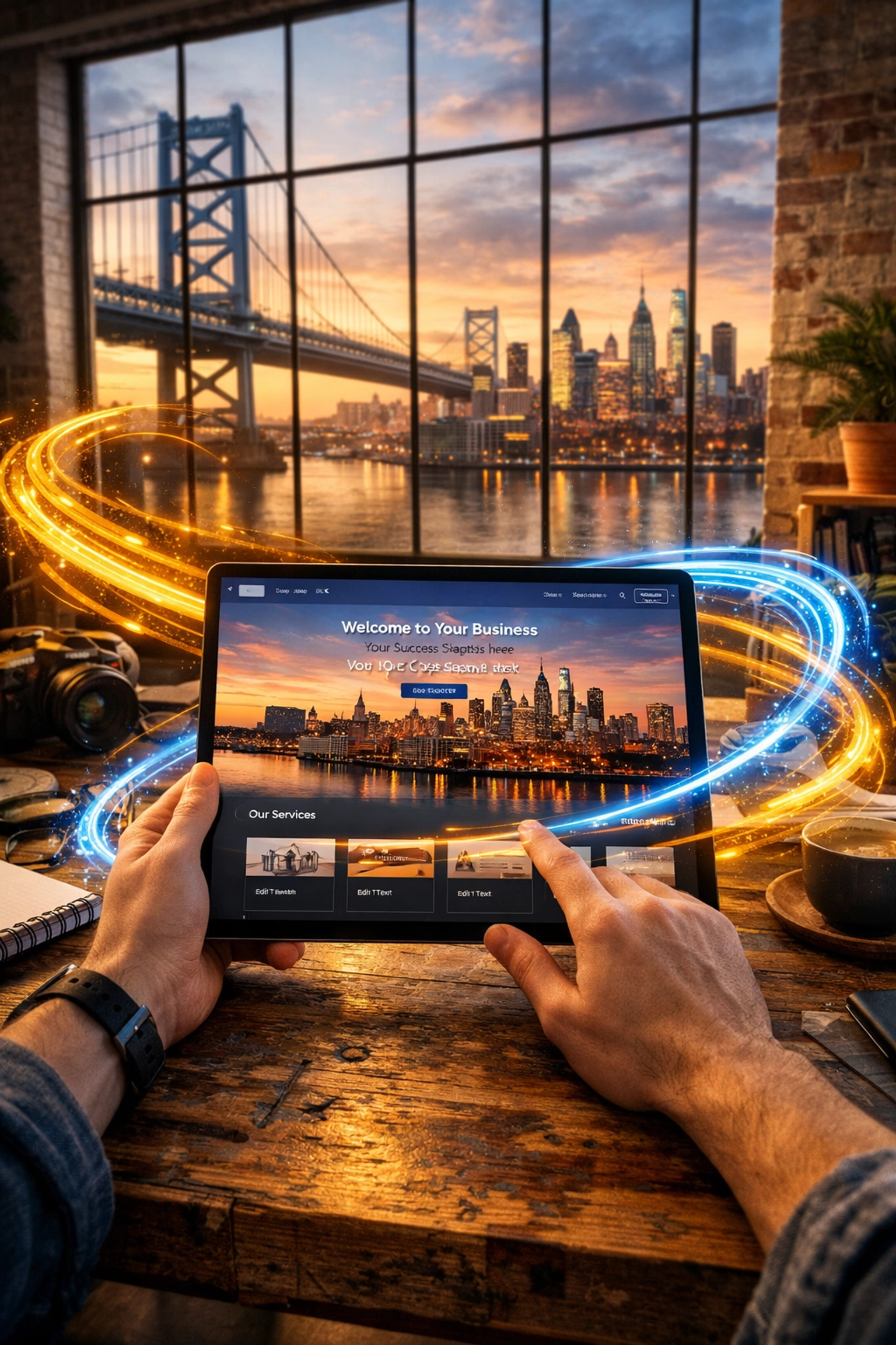 Philadelphia web design on a tablet with data streams illustrating CRM and website integration.