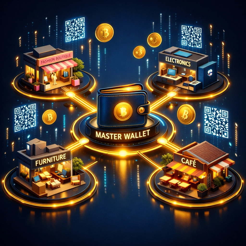 Master wallet connected to multiple sub-wallets for multi-location metaverse merchant operations
