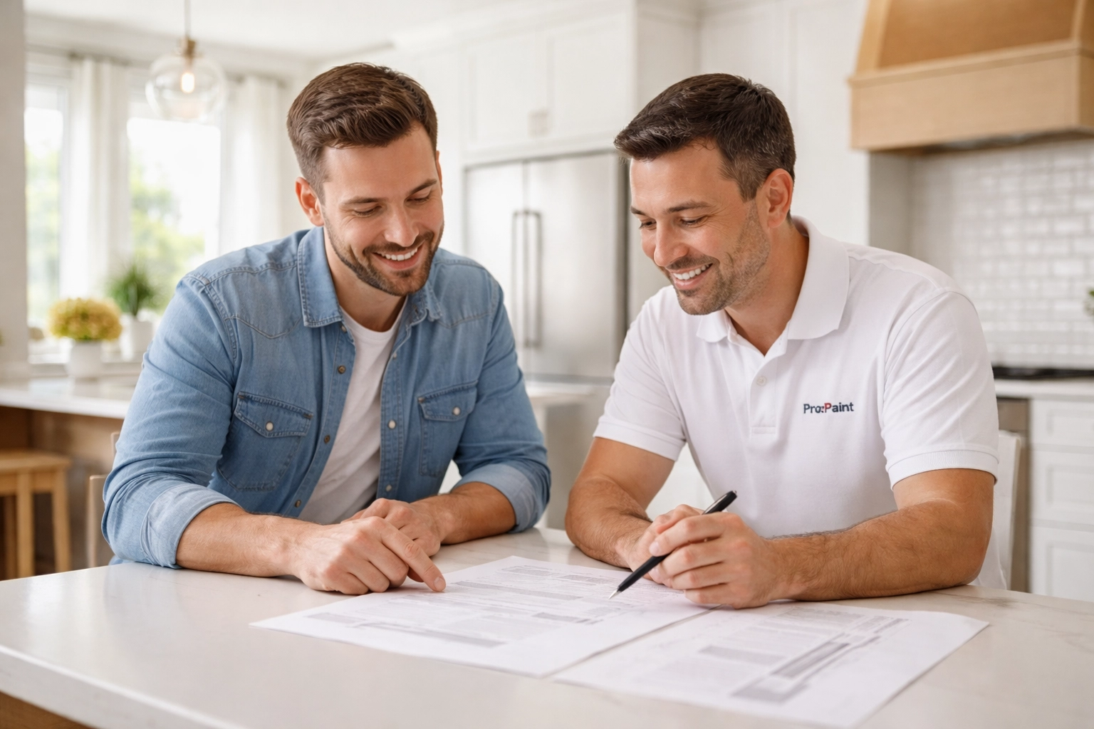 Homeowner and Atlanta painting contractor reviewing written estimate in modern kitchen