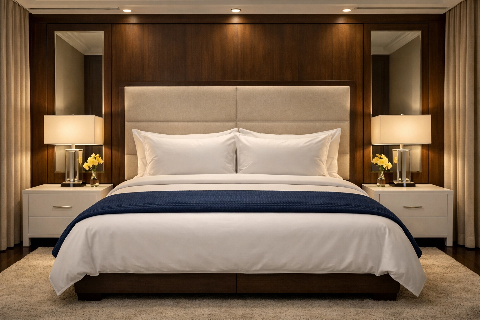Pristine master bedroom with white linens and navy decor, showcasing the peace of mind from weekly house cleaning.