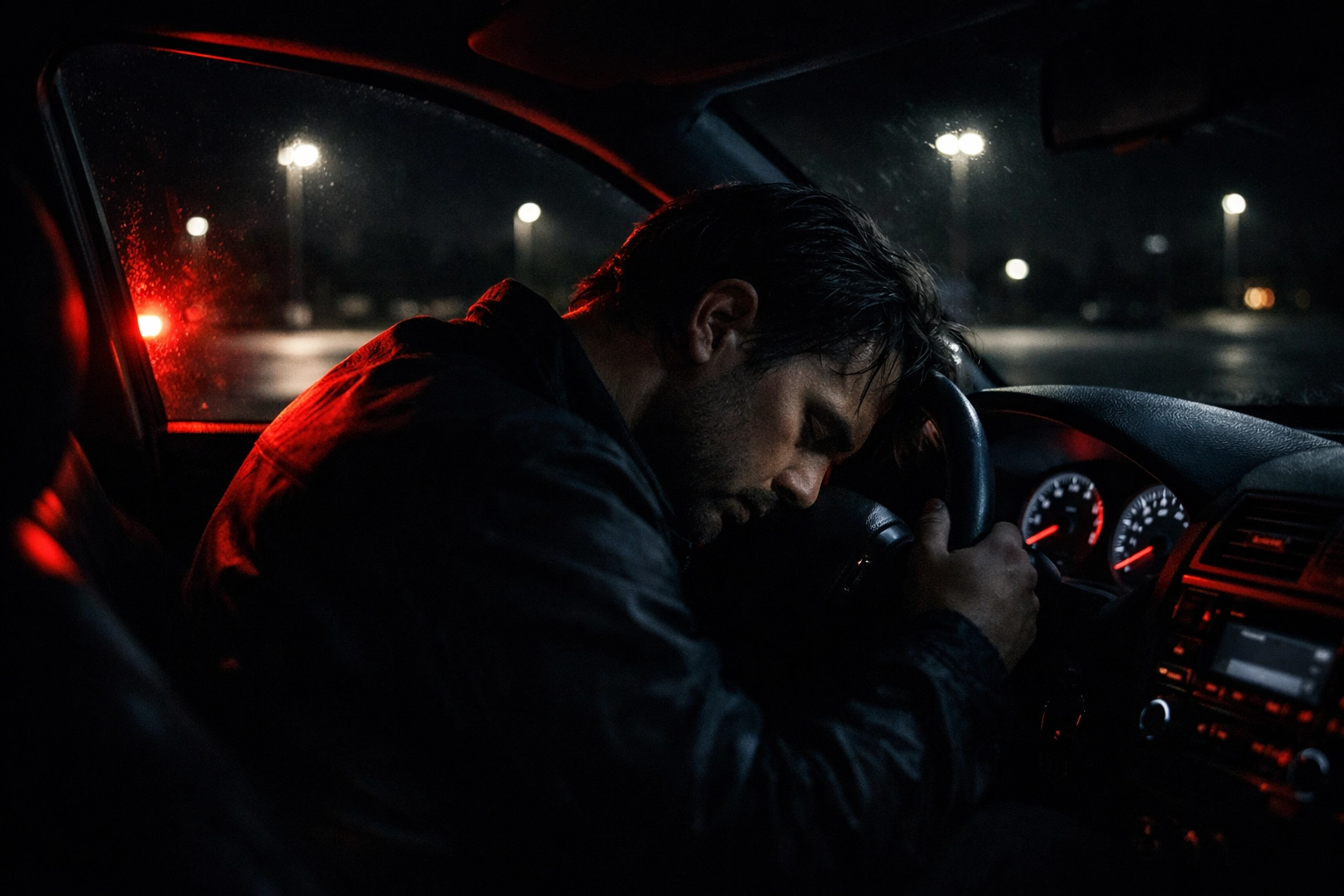 Exhausted person in car at night showing how fatigue reduces awareness and safety
