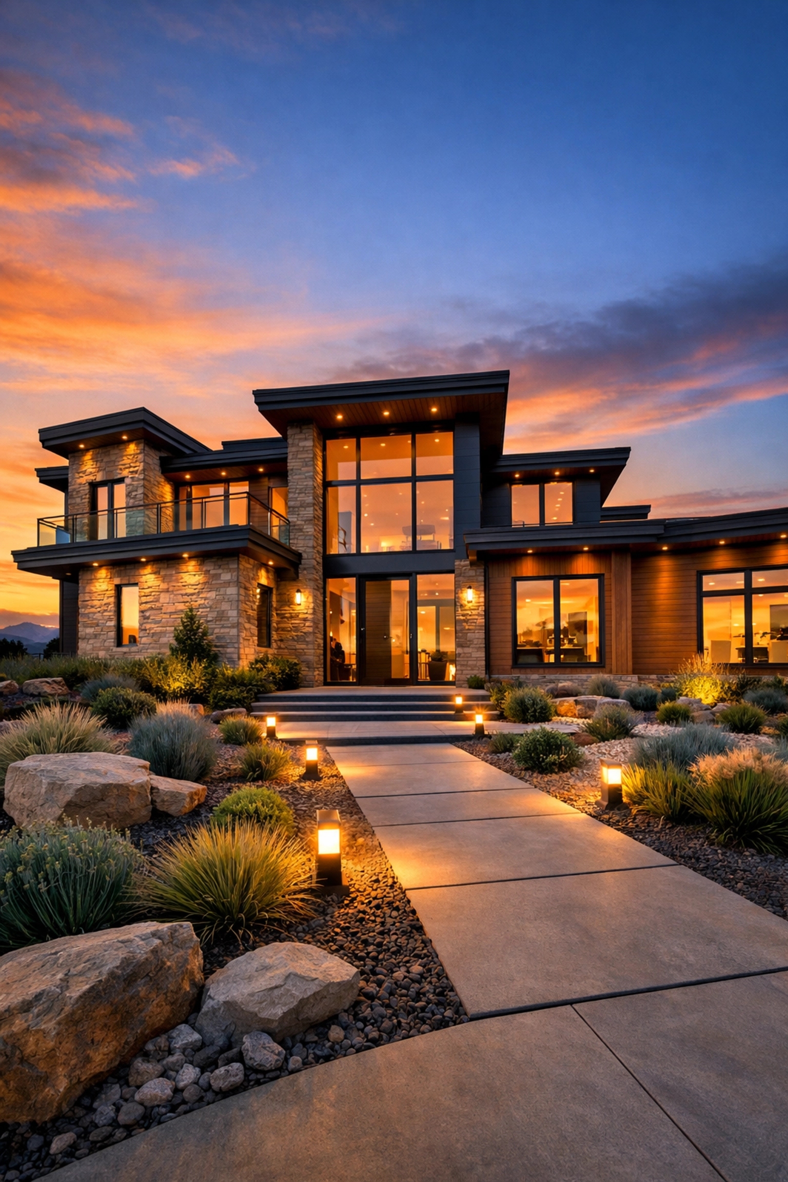 Stunning modern Denver luxury home exterior at dusk representing a successful real estate transition.