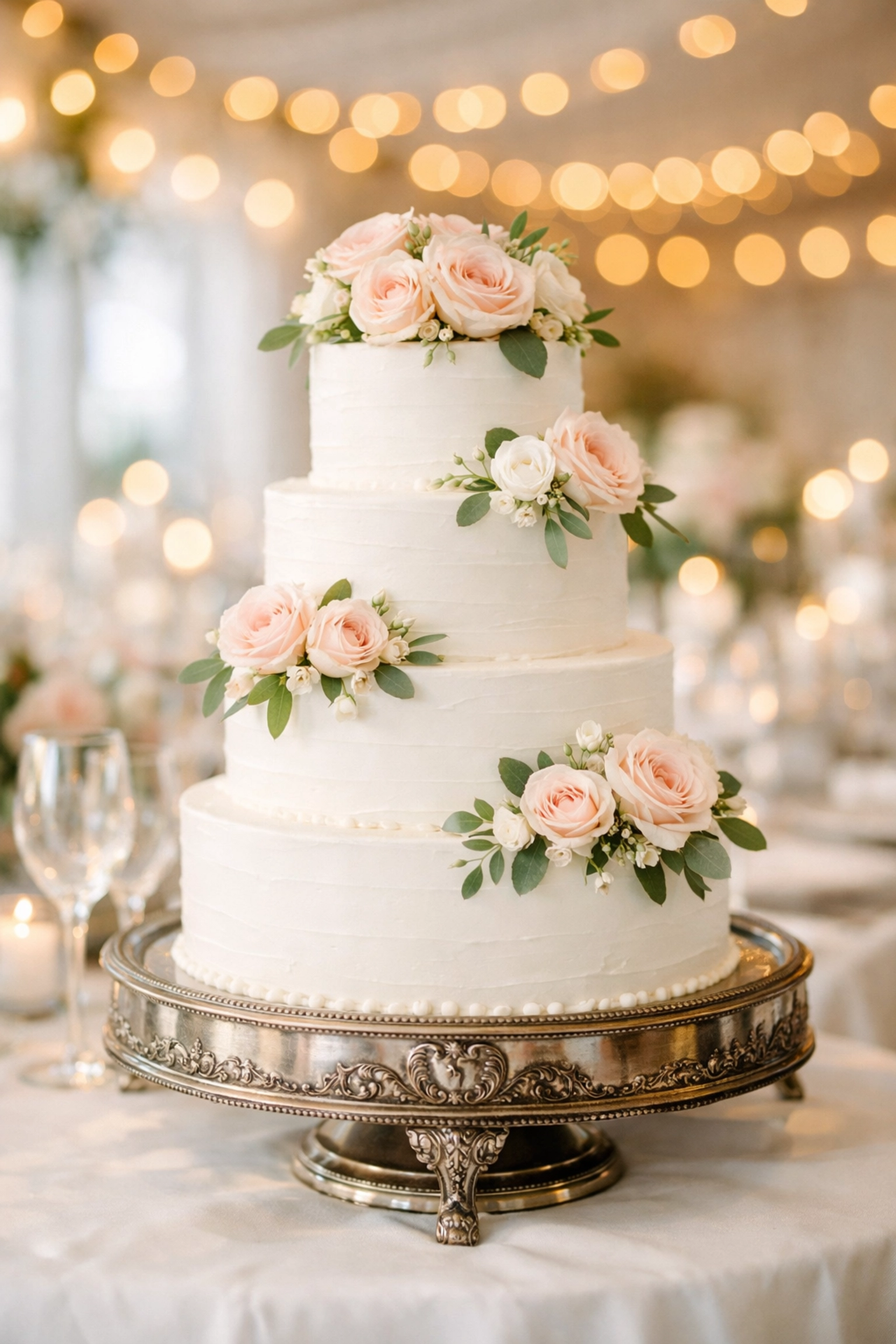 Beautiful multi-tiered white wedding cake at an elegant, fully-funded reception.
