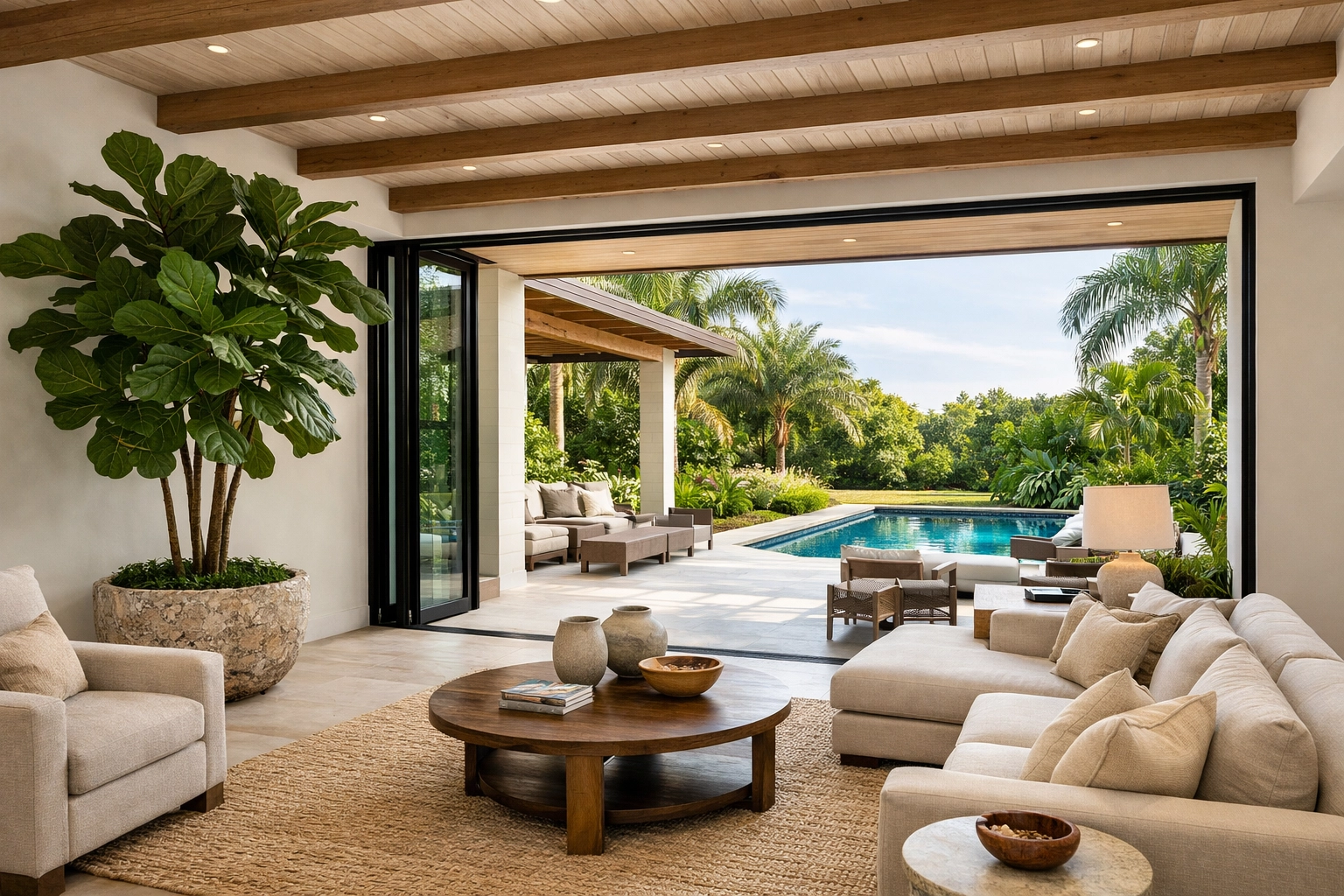Biophilic home remodeling Orlando design with glass doors connecting a modern living room to a patio.