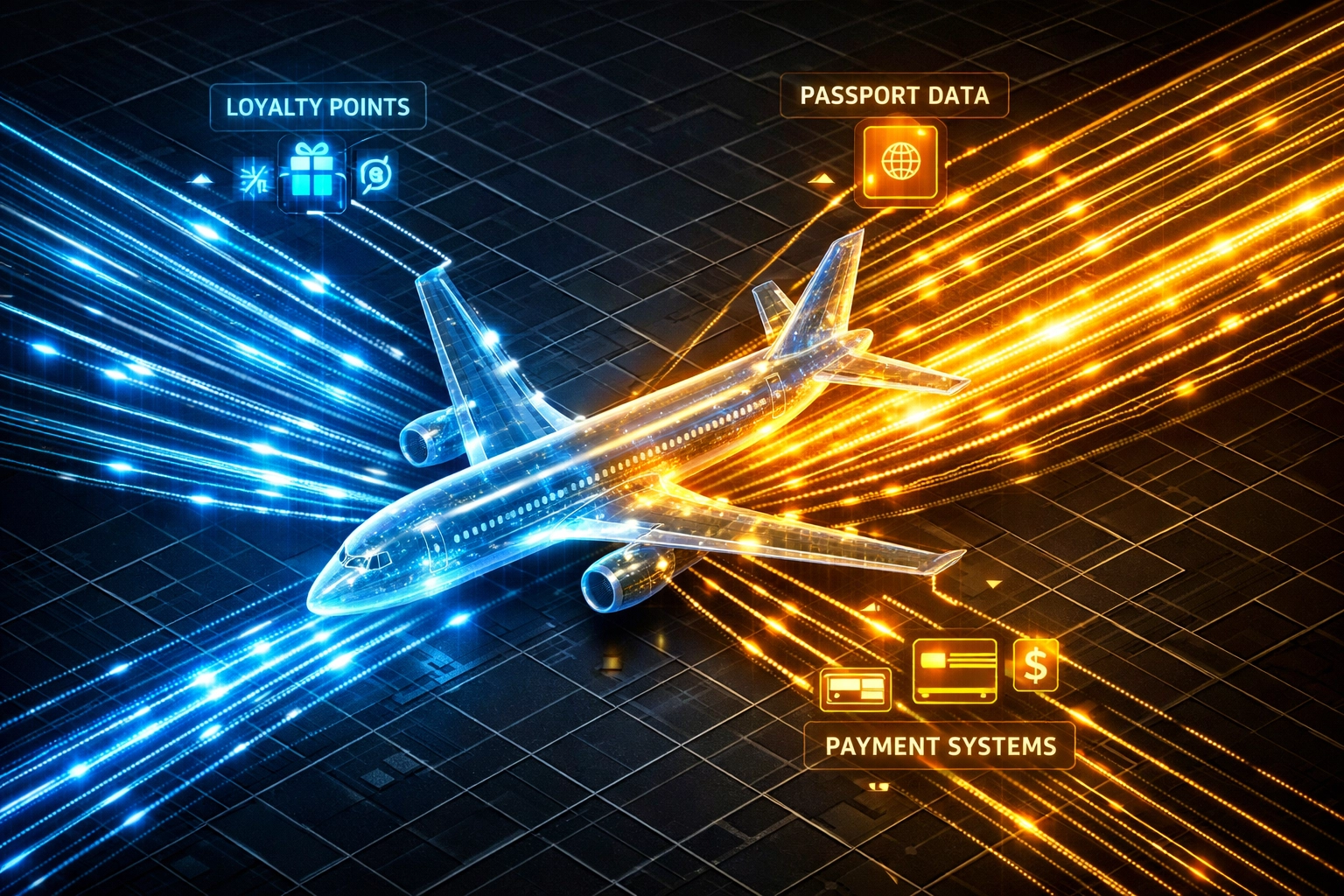Digital data streams forming a jet silhouette to represent a centralized travel booking data pipeline.