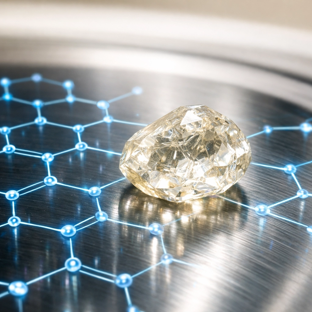 A botanical crystal on food-grade steel illustrating strategic solvent substitution in ingredient processing.