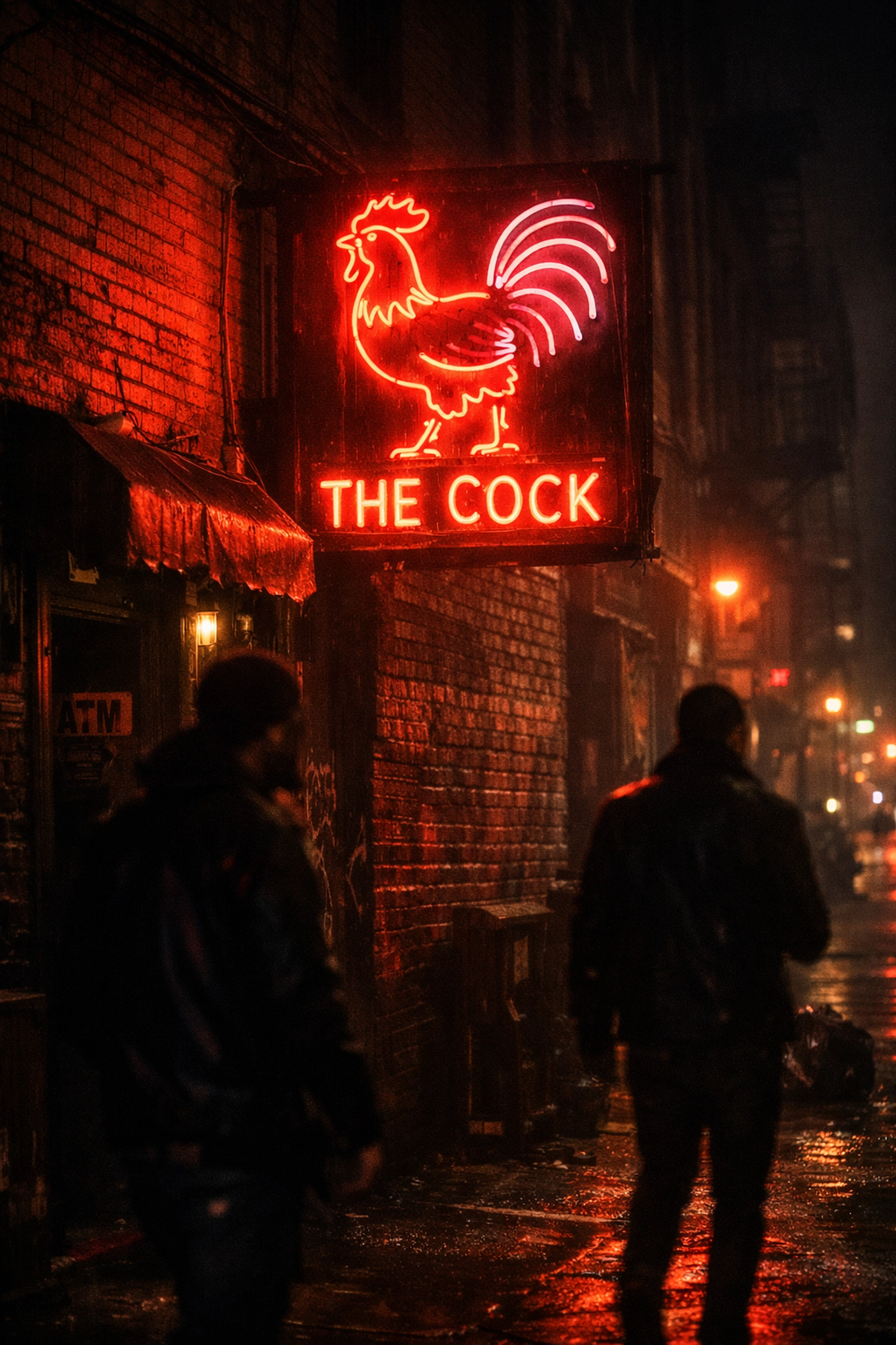 The Cock gay bar neon rooster sign on Second Avenue in East Village NYC at night