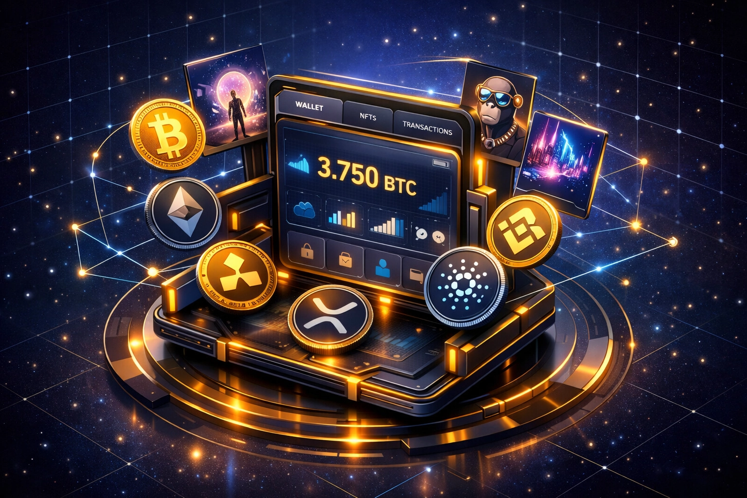 Self-custody digital wallet interface with cryptocurrency tokens and NFT receipt cards