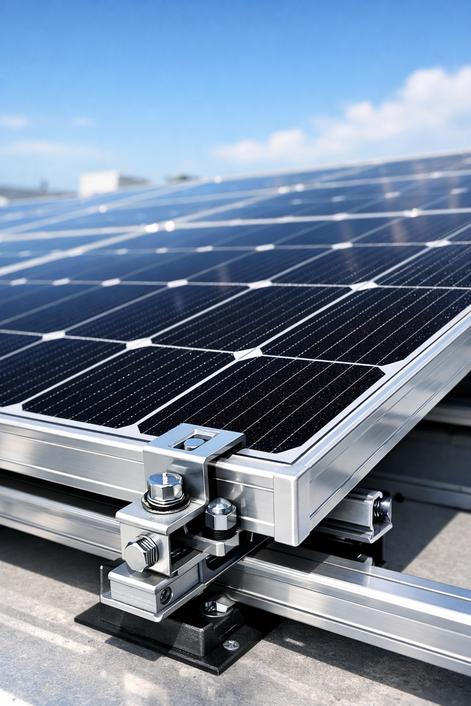 Close-up of premium monocrystalline solar panels on an industrial roof for efficient business solar power generation.