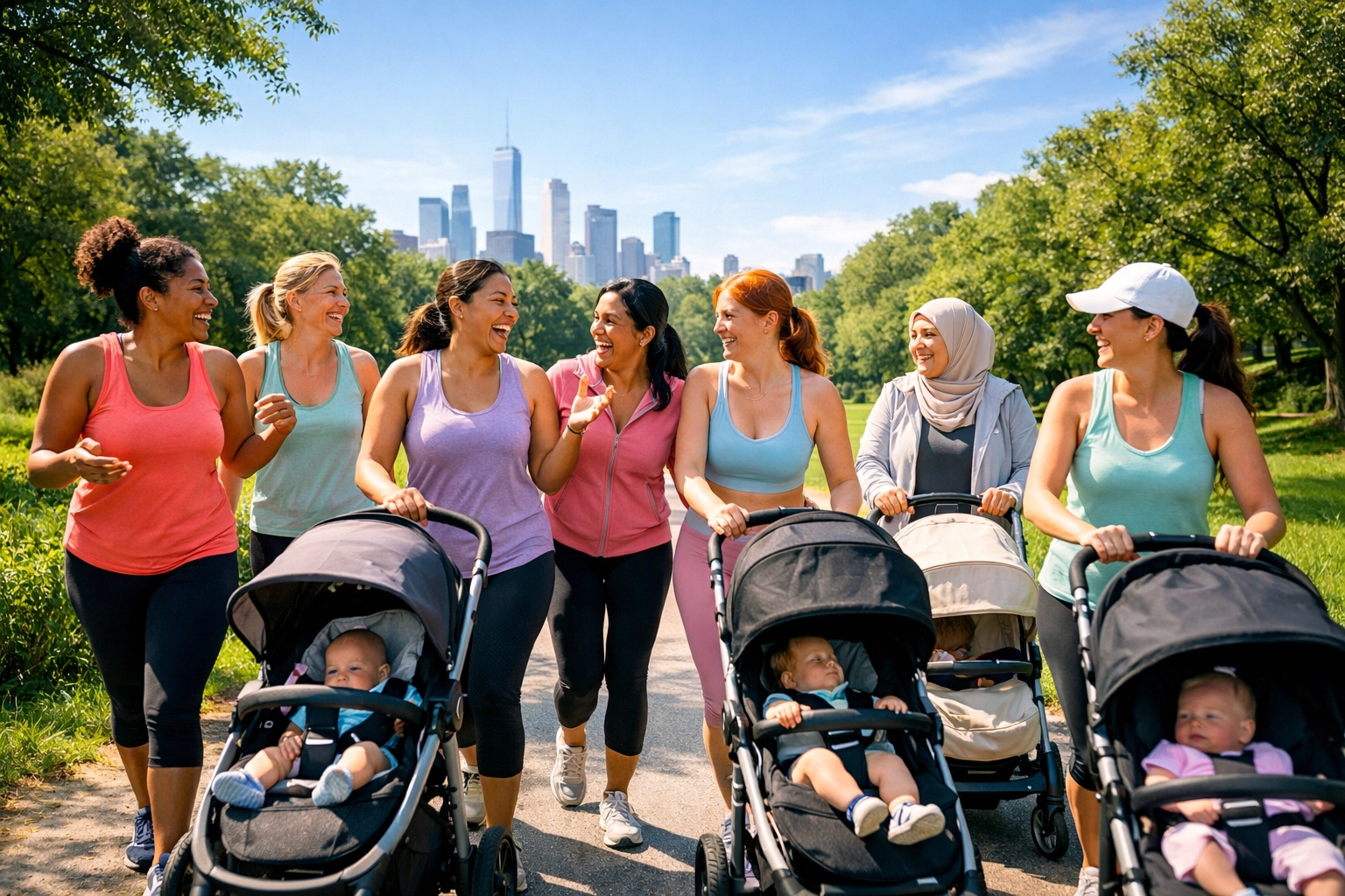 Group of moms with strollers walking in a park for postpartum community and mental health.