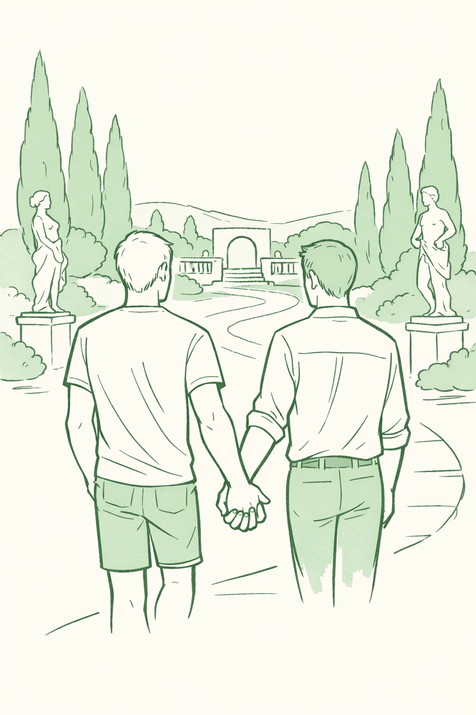 Two men holding hands walking through romantic Italian garden in gay love story setting