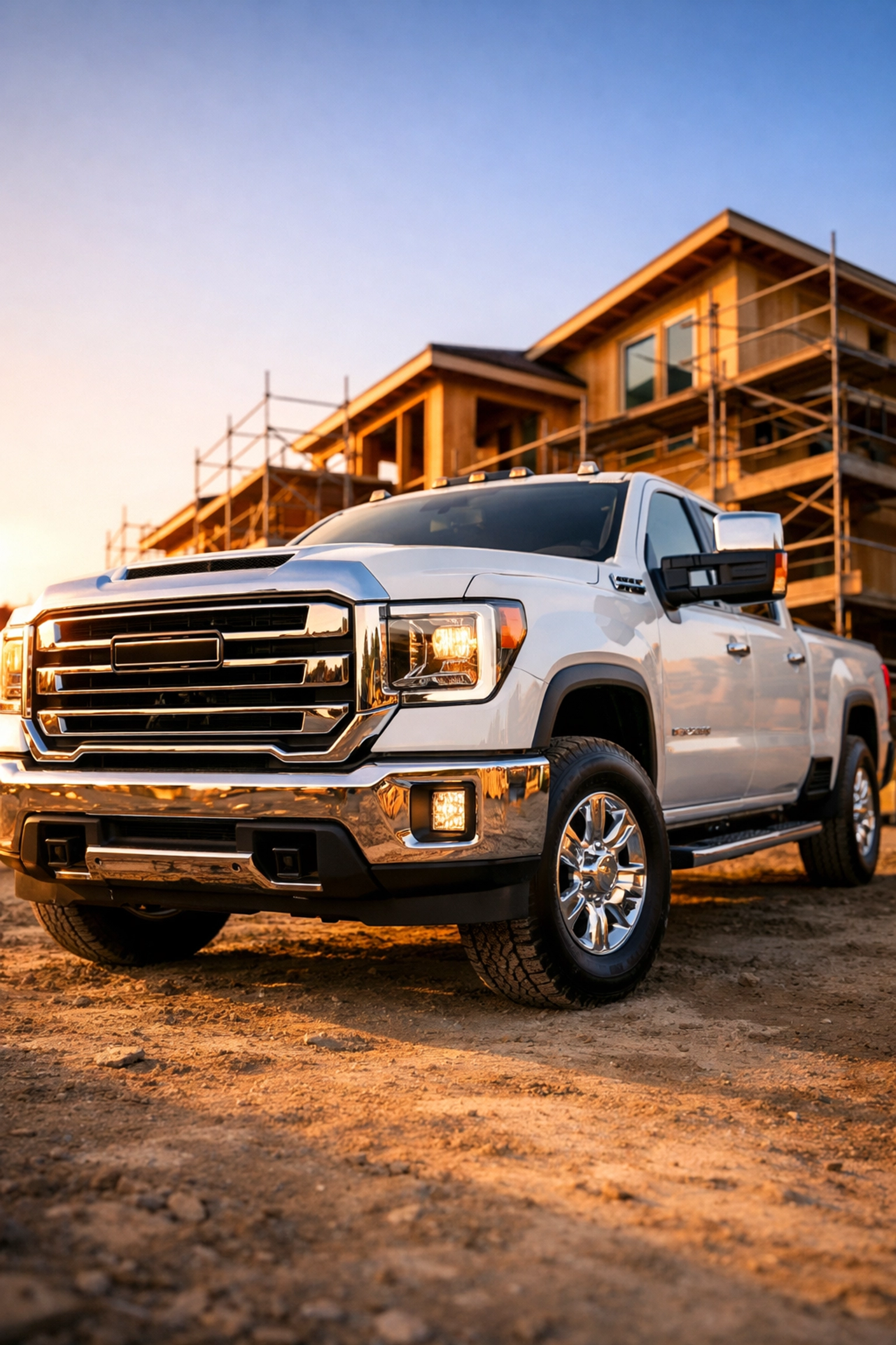 White heavy-duty pickup truck at a construction site, a key asset for business tax deductions.