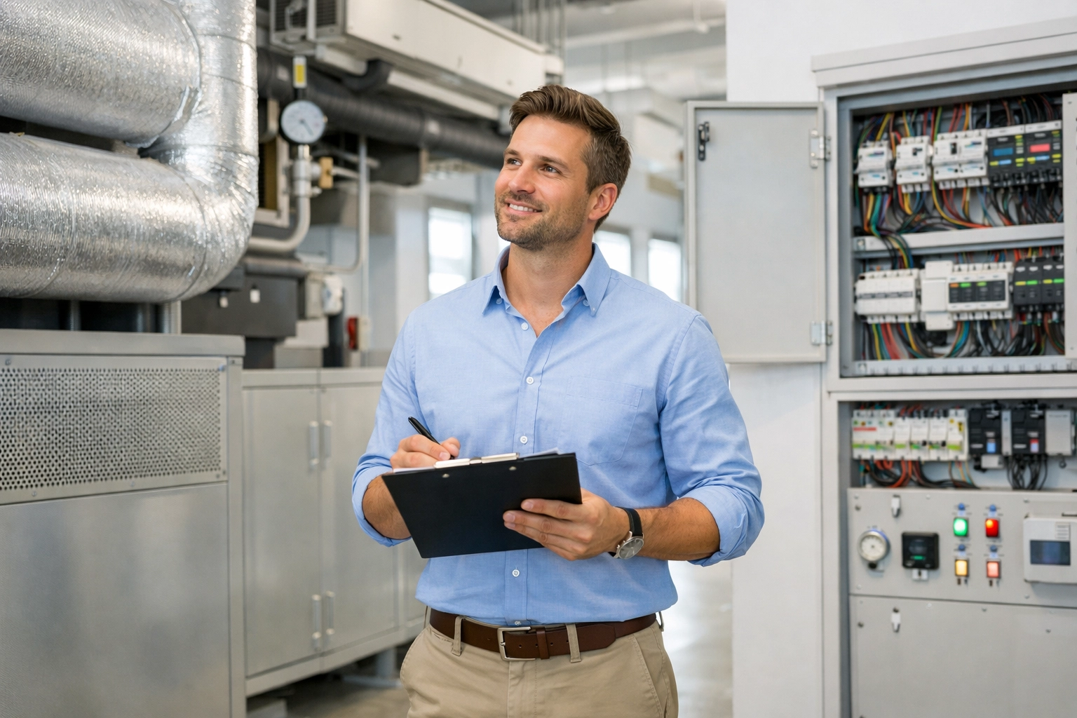 Property manager inspecting commercial building systems and maintenance equipment with tablet
